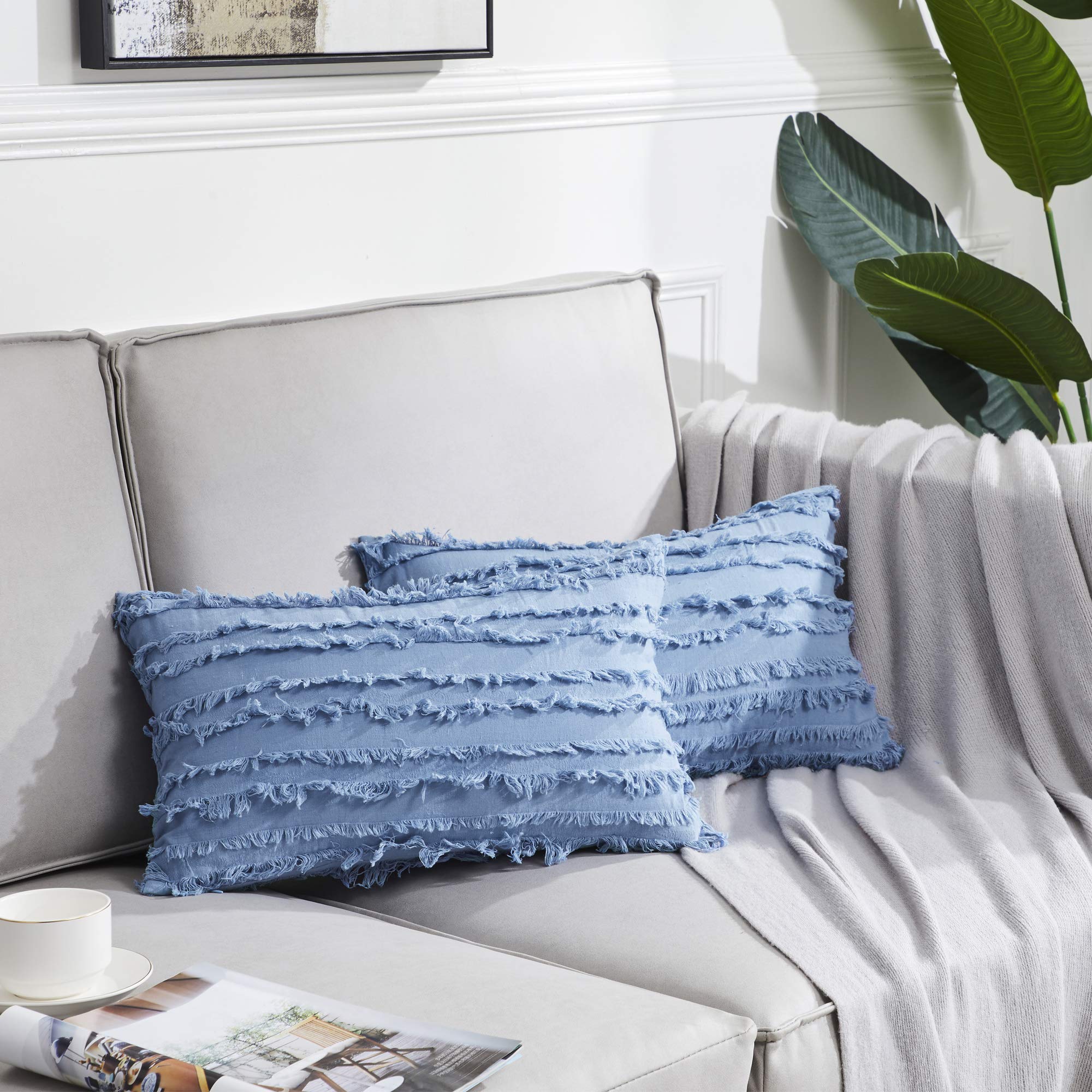 GIGIZAZA 12x20 Decorative Throw Pillow Covers - Sky Blue Square Cotton Boho Cushion Covers for Sofa, Couch & Bed - Perfect for Living Room, Bedroom Decor & Home Styling