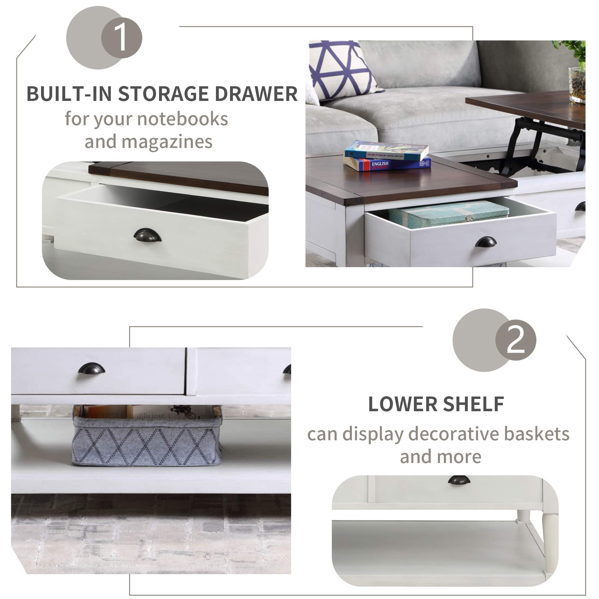 Lift Top Coffee Table with Drawer and Shelf - Solid Wood Modern End Table for Living Room, Home Office - White & Brown - Perfect for Small Spaces, Storage & Stylish Decor