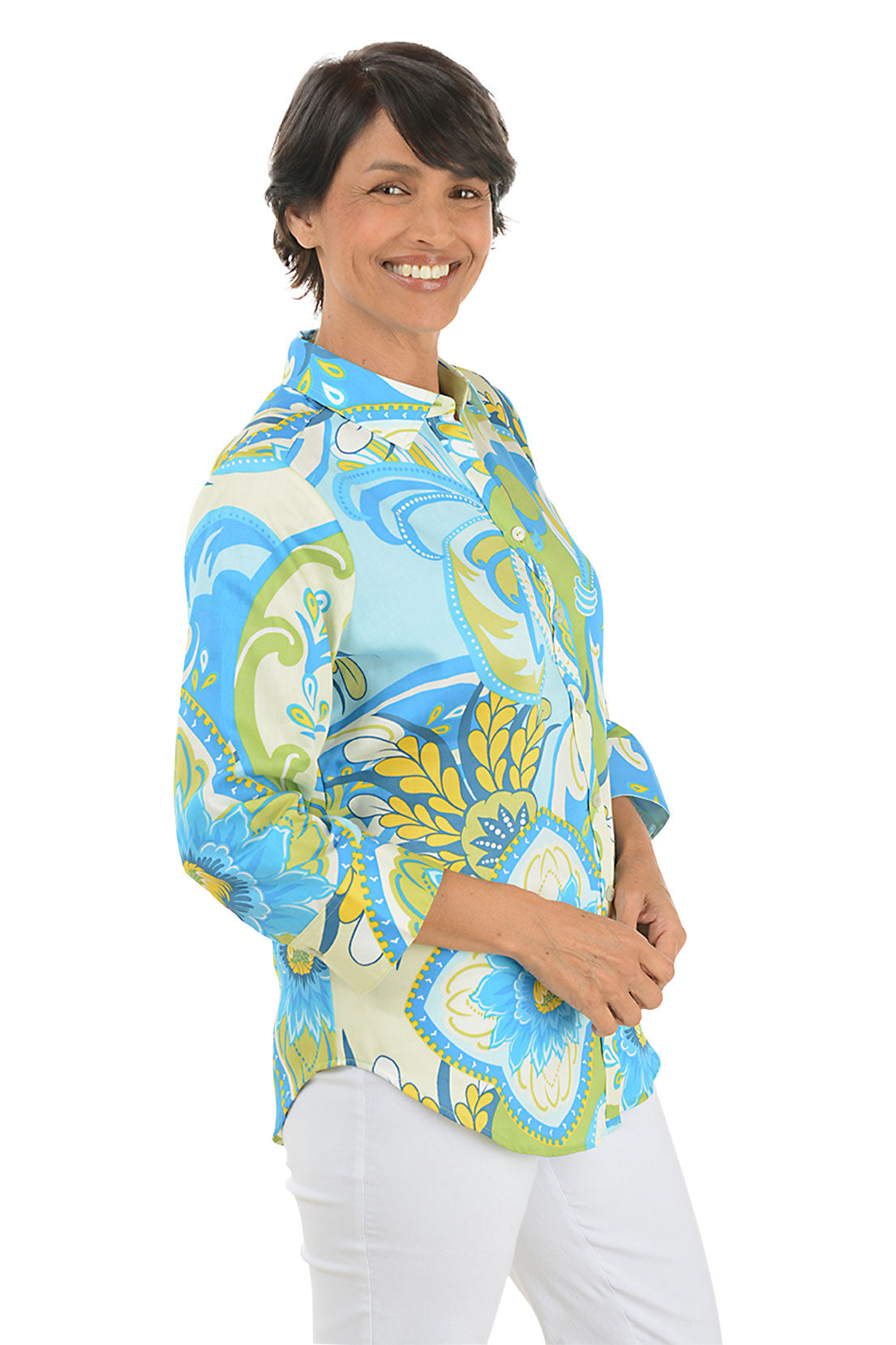 Blue Poppy Margie Shirt - Stylish Floral Print Women's Blouse for Casual Wear & Office Outfits