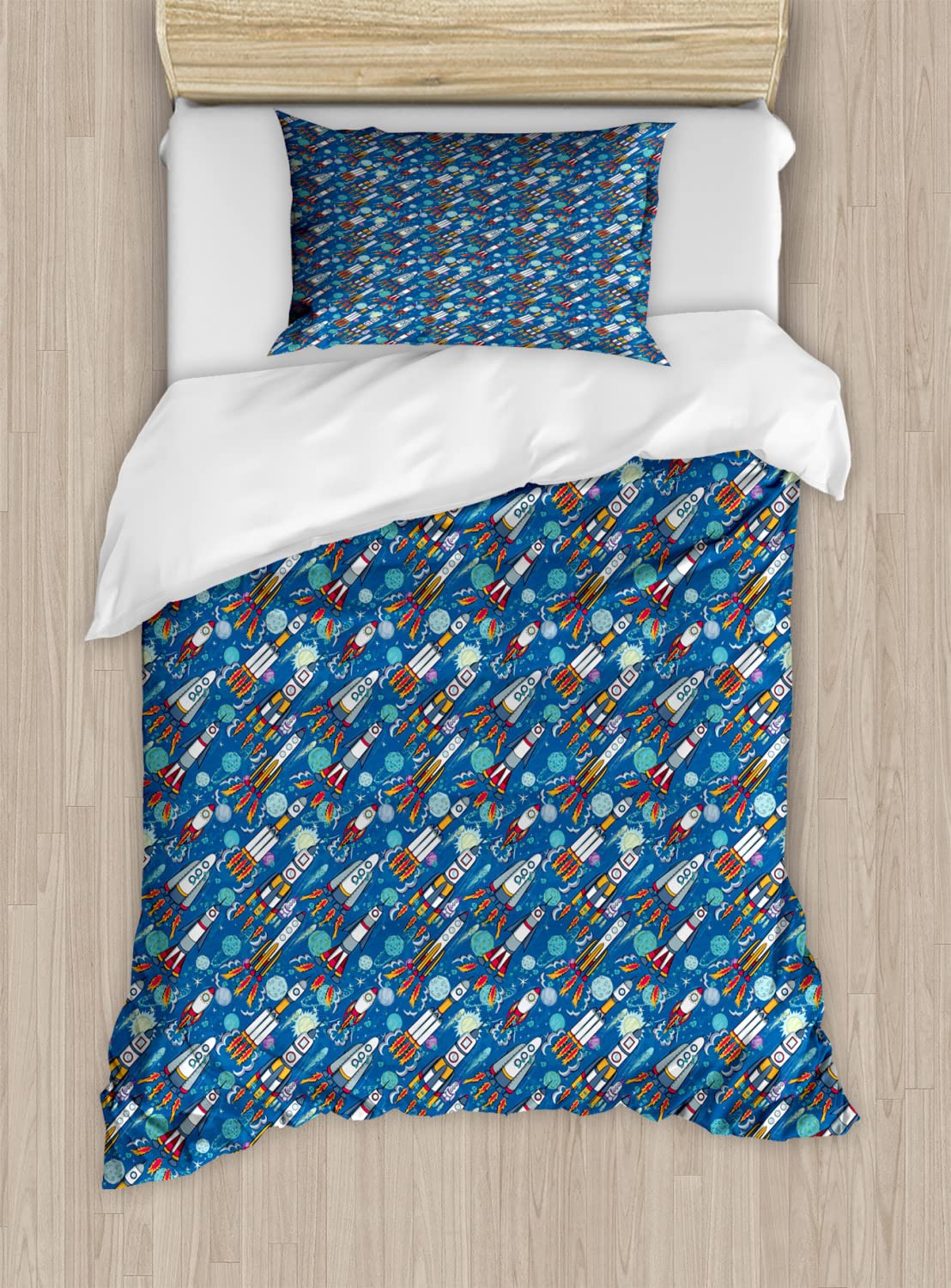 Ambesonne Spaceship Duvet Cover Set - Hand-Drawn Cartoon Spaceships, Planets & Stars Outer Space Theme Bedding - 2 Twin Size Duvet Covers & 2 Pillowcases (Multicolor) | Perfect for Kids' Rooms, Space-Themed Bedrooms & Sci-Fi Decor