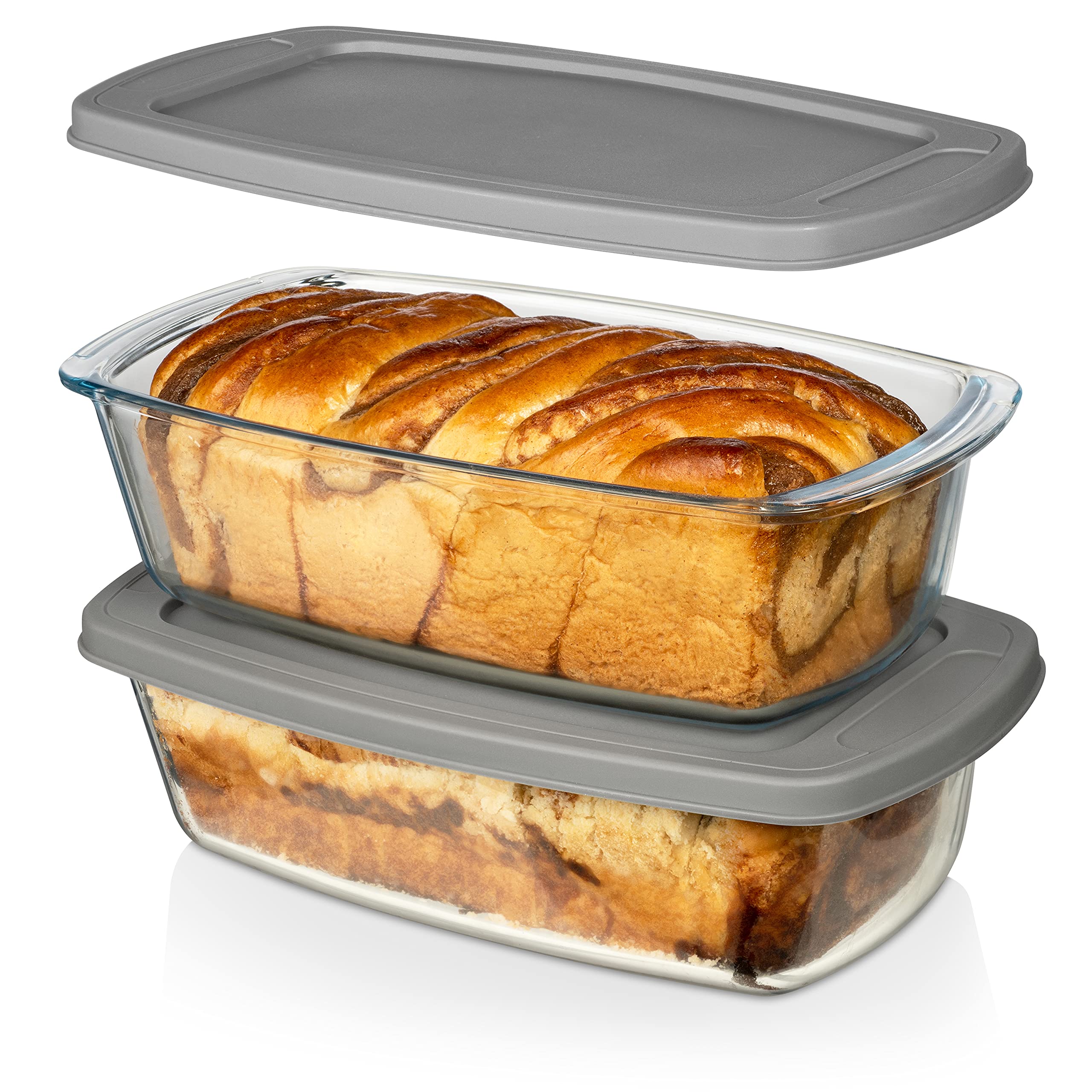 Razab 7.6 Cups Glass Loaf Pan with Lids (Set of 2) - 1800ml BPA Free Baking Dish for Bread, Meatloaf & Cakes - Microwave & Oven Safe with Airtight Lids & Grip Handle - Perfect for Home Baking, Meal Prep & Storage