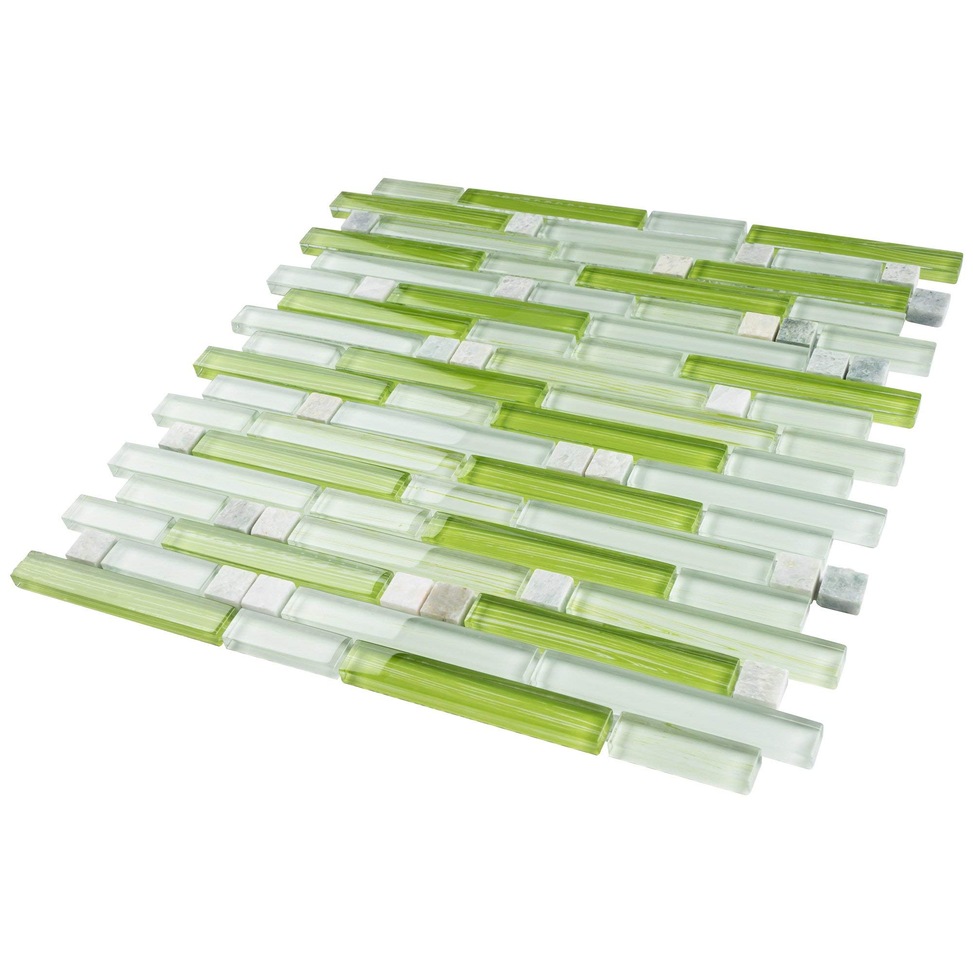 TNLQG-04 Apple Green Glass Mosaic Tile with Floral Pattern - 10 Sheets Peel and Stick Backsplash for Kitchen, Bathroom, Shower Wall - Waterproof DIY Home Decor