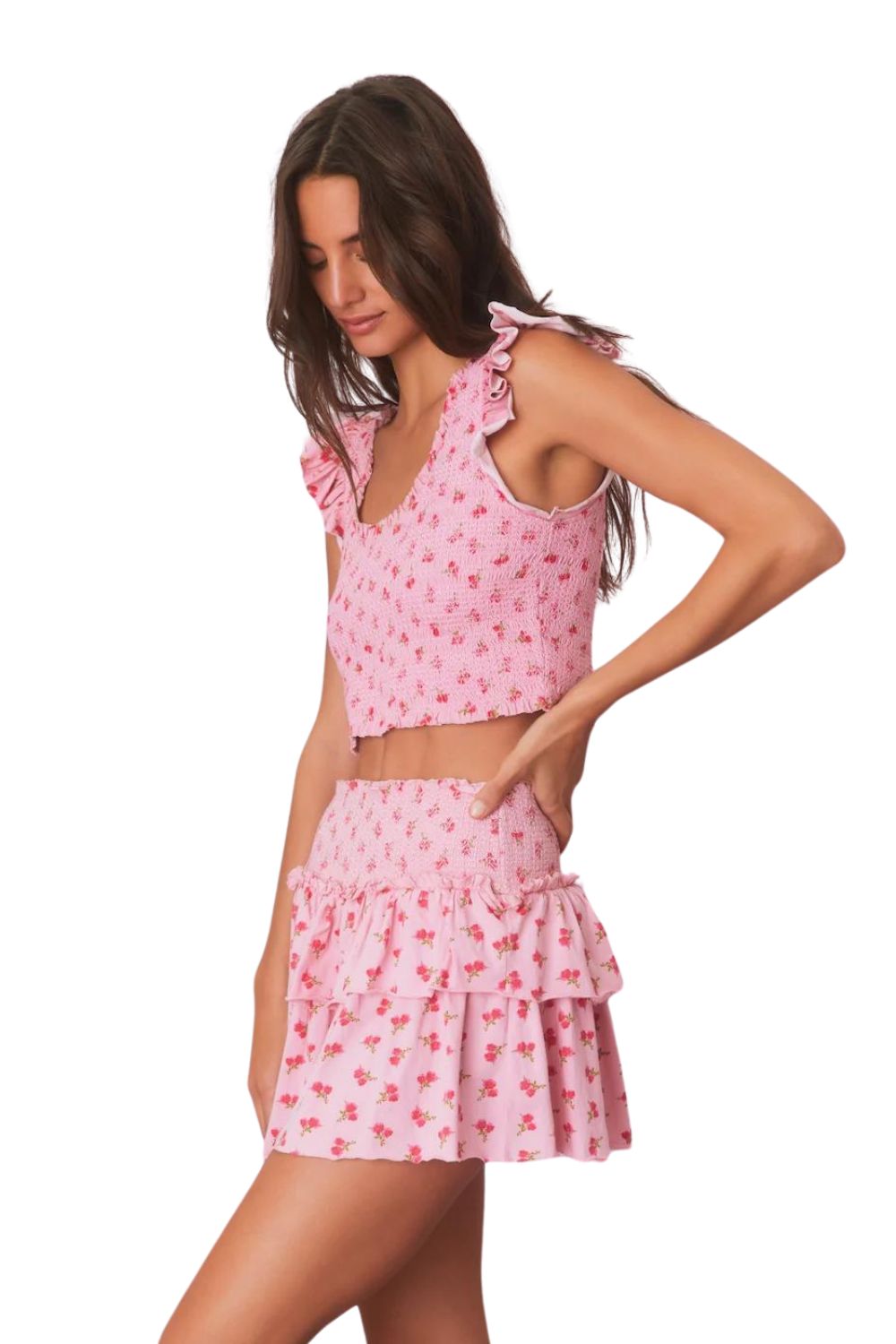 Ohana Skirt Women's Floral Print Wrap Midi Skirt - Cherry Pink Summer Beach Skirt for Vacation, Date Night & Boho Outfits