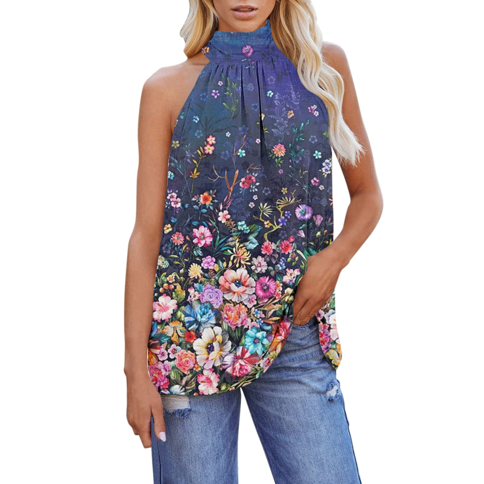 Women's Summer Sexy Halter High Neck Tank Top - Sleeveless Floral Printed Chiffon Blouse for Casual Wear & Beach Outfits | Perfect for Vacation, Pool Parties & Date Nights