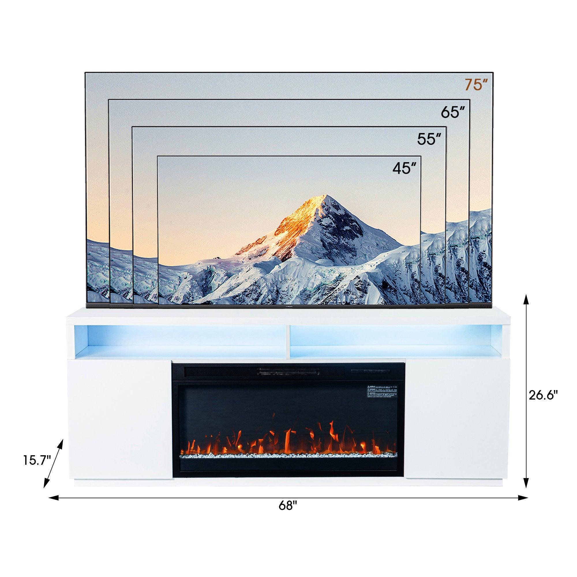 Modern 68-Inch LED TV Stand with 36-Inch Insert Opening & Electric Fireplace - Black or White - Perfect for Living Room Home Theater & Cozy Winter Nights