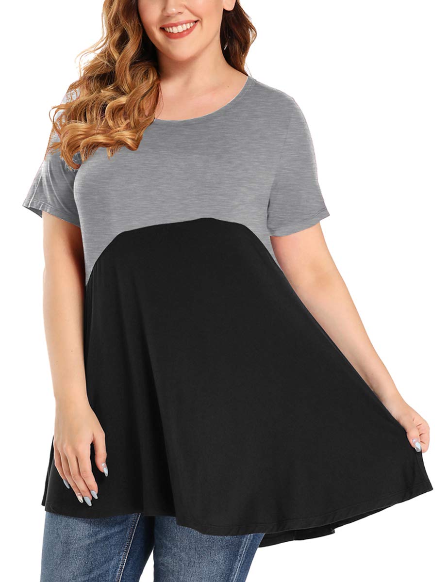 MONNURO Women's Plus Size Short Sleeve Tunic Top - Color Block Casual Loose Swing Tee for Summer | Comfortable T-Shirt to Wear with Leggings for Work, Yoga & Everyday Outfits