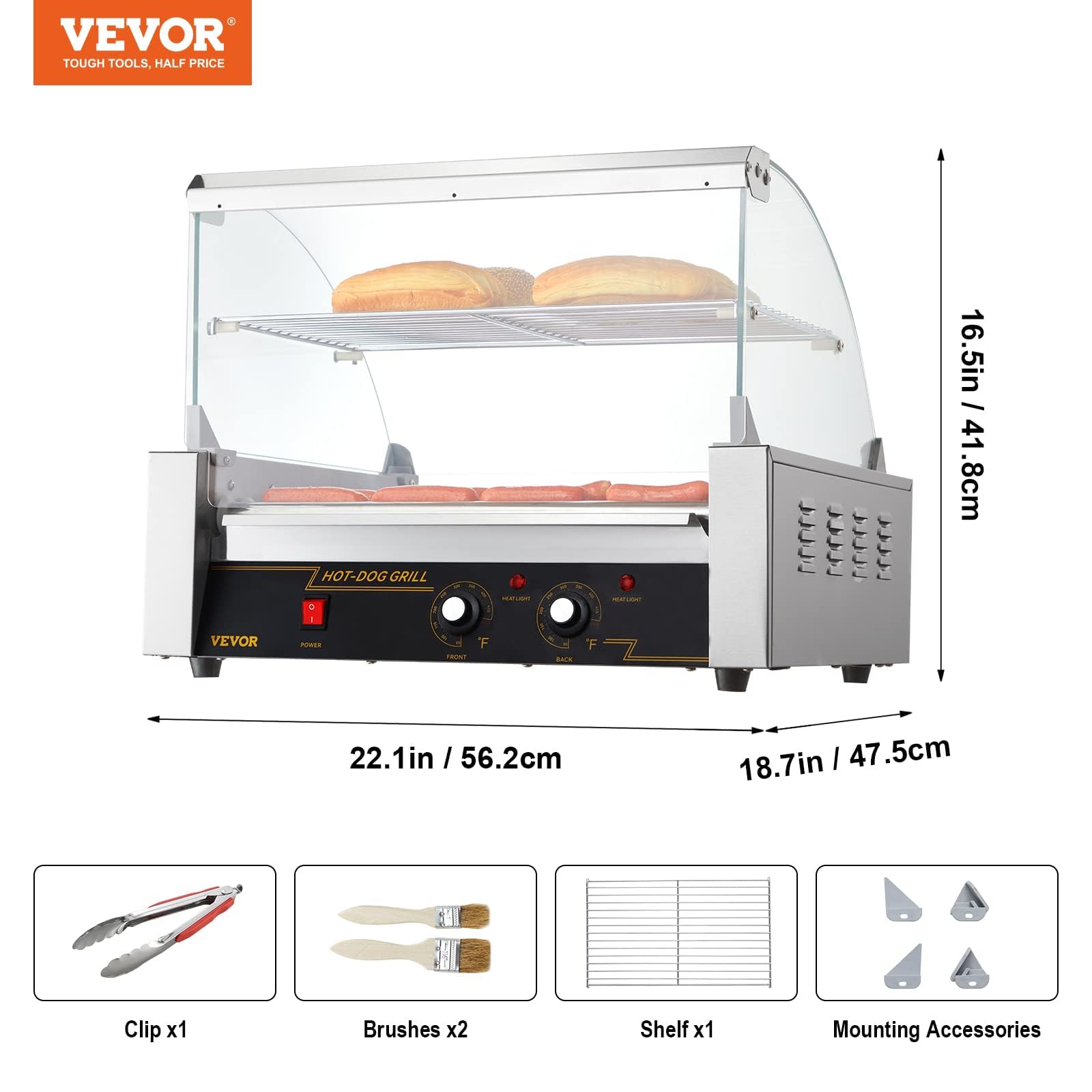 VEVOR Commercial Hot Dog Roller Machine - 30 Hot Dog Capacity, 11 Stainless Steel Rollers, 1800W Electric Sausage Grill with Cover, Dual Temperature Control, LED Light & Removable Drip Tray - Perfect for Restaurants, Food Trucks, Cafeterias, and Home Kitchens