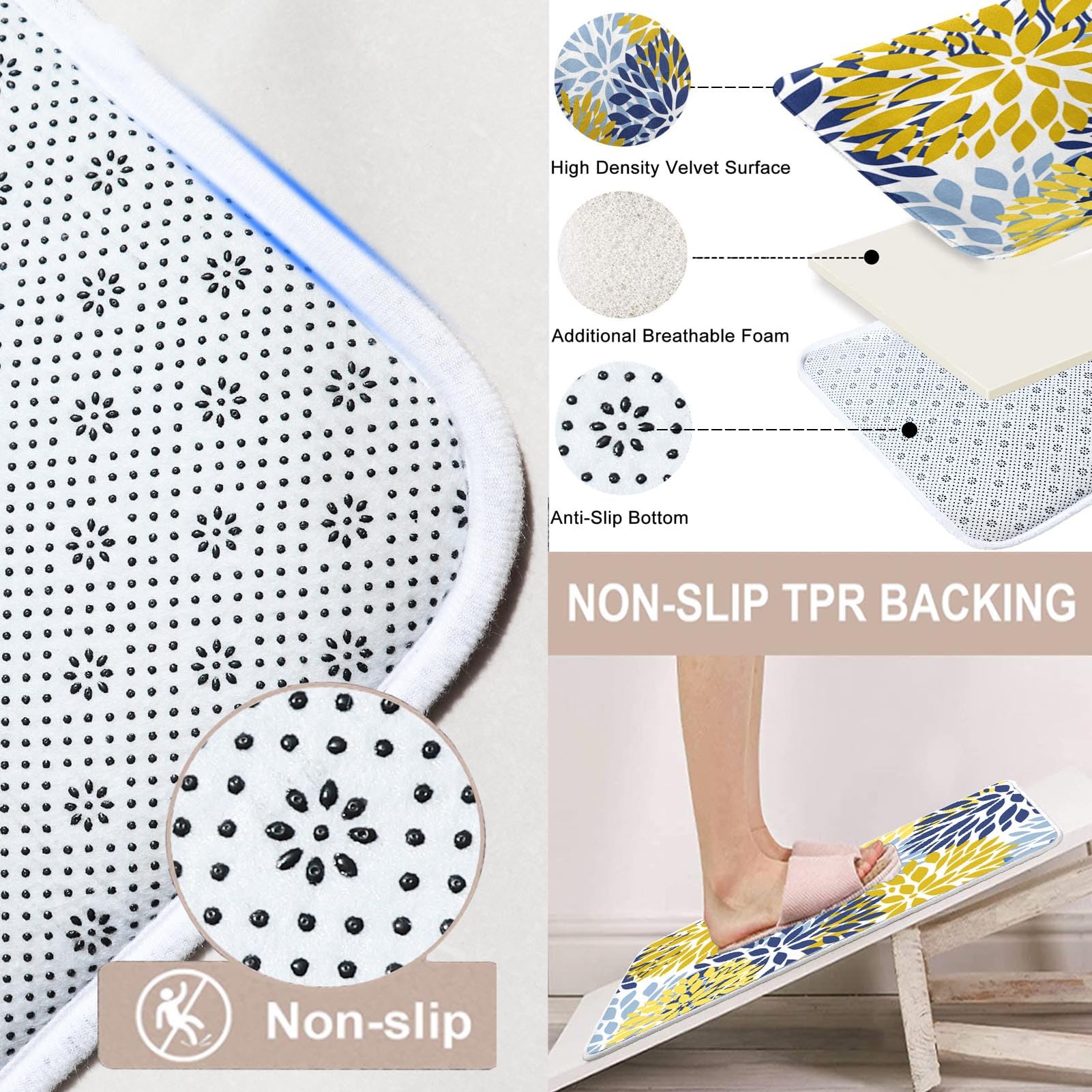 Spring Floral Bathroom Set with Shower Curtain, Rugs & Accessories - Blue Yellow Navy Flower Abstract Grey Plant Leaf Design - 4 Piece Bath Decor for Modern Home & Spa Retreat