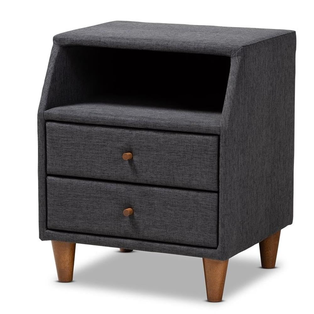 Baxton Studio Claverie Mid-Century Modern Nightstand - Charcoal Fabric Upholstered 2-Drawer Wood Bedside Table for Bedroom Furniture & Home Decor