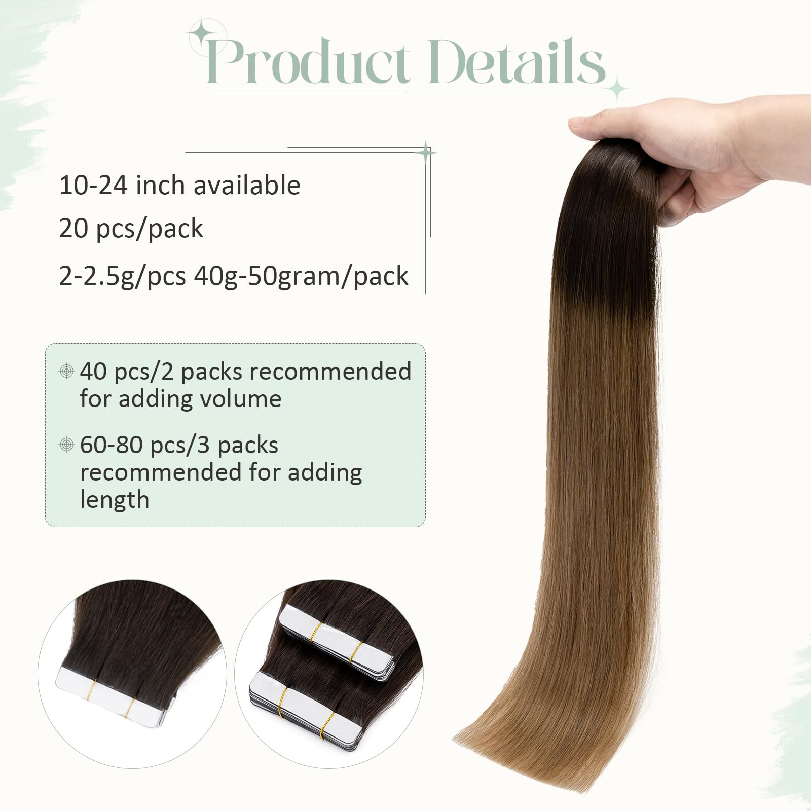 Premium 20-Piece Tape in Hair Extensions - 100% Remy Human Hair, 40g, Balayage Dark Brown to Light Brown, 12-Inch Seamless Straight Double-Sided Extensions for Natural Volume & Styling - Perfect for Parties, Weddings & Everyday Wear