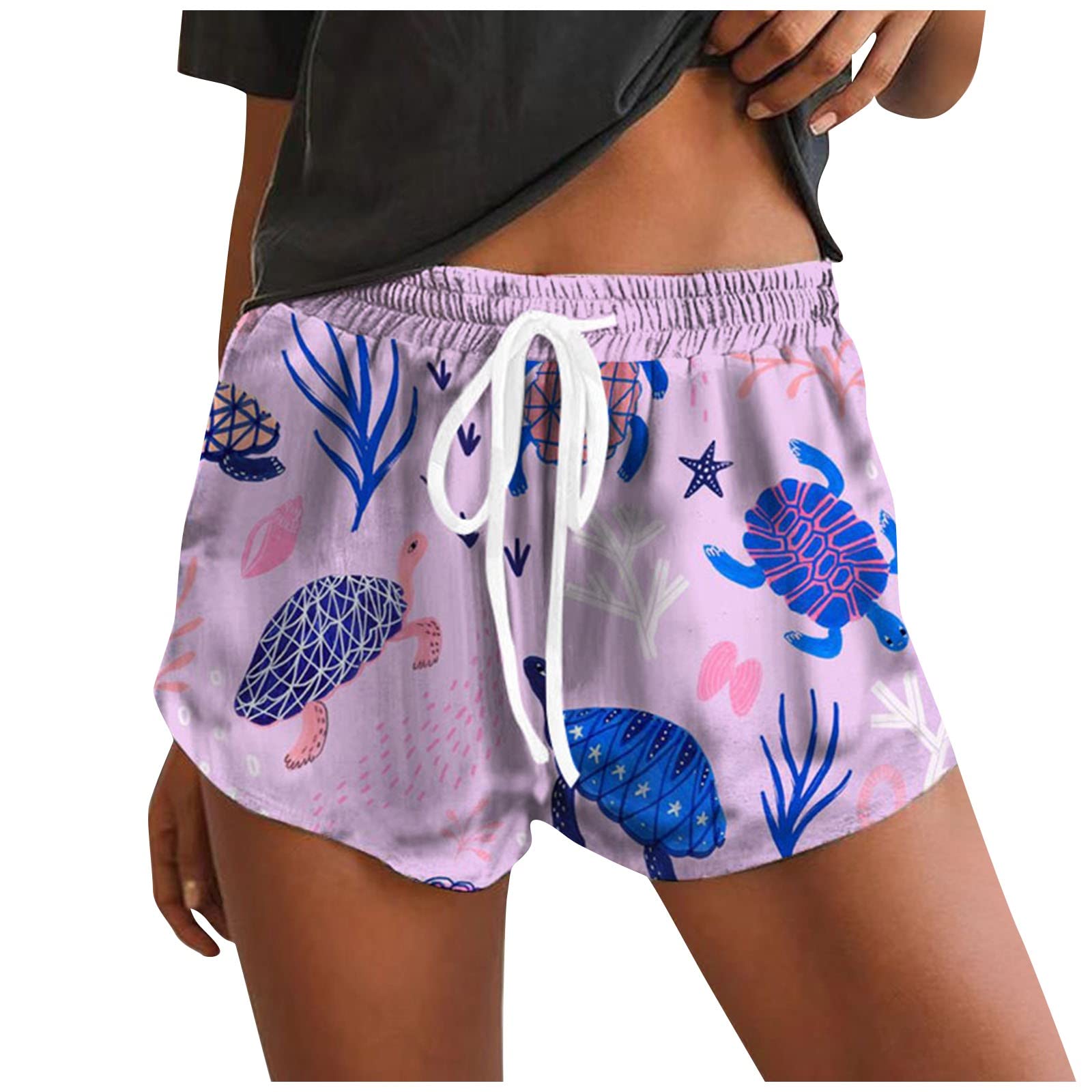 LIHUAK Women's Printed Quick-Dry Beach Shorts with Drawstring - Lightweight Casual Summer Shorts for Swimming, Yoga, and Outdoor Activities