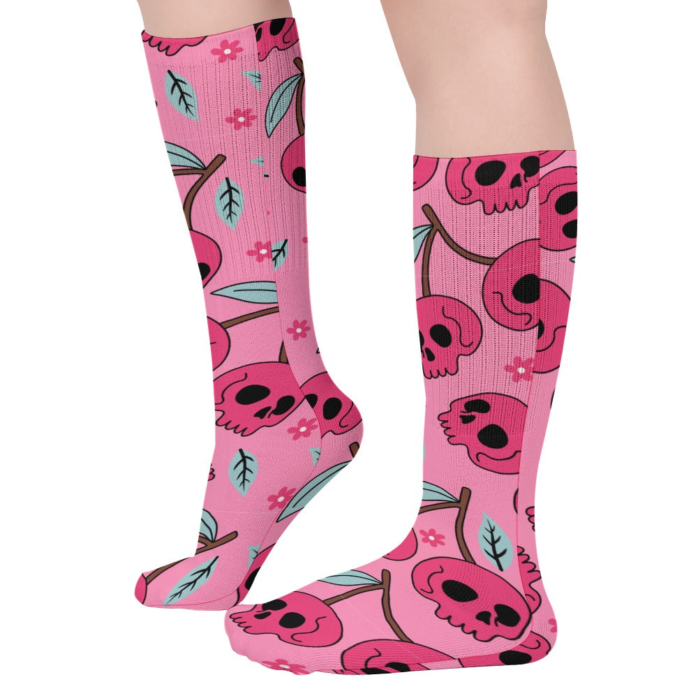 **Breathable Cherry Skull Pattern Stockings (5-Pack) - Comfortable & Stylish for Cosplay, Halloween, and Gothic Fashion**