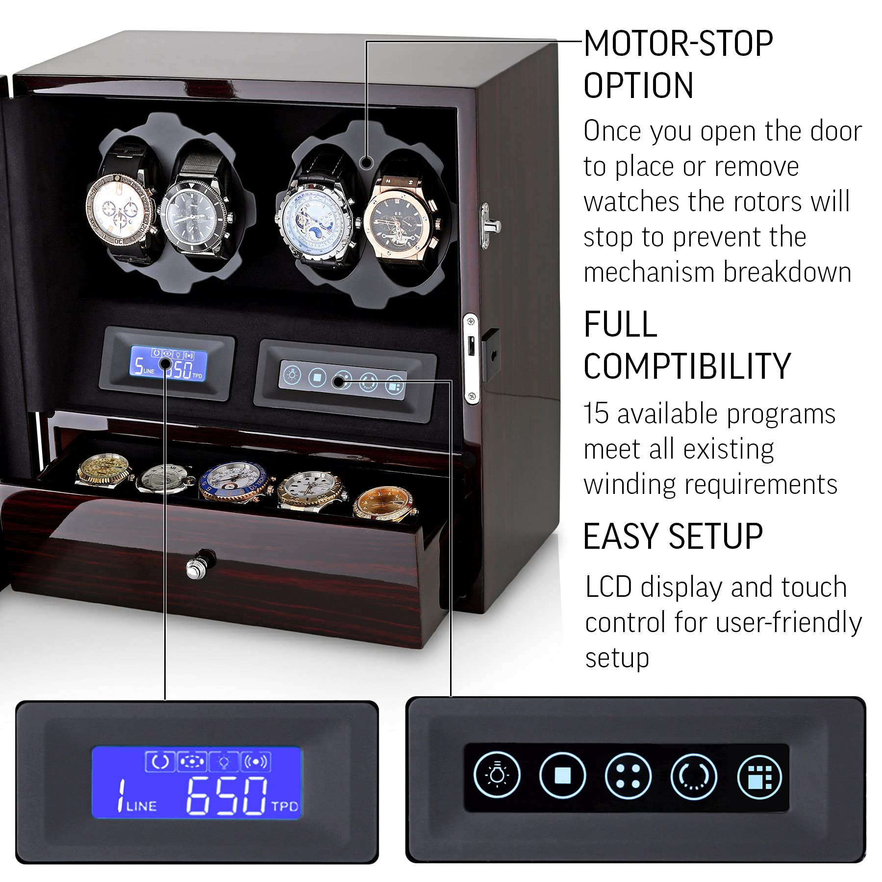 4 Watch Winder Box with 5 Watch Storage - Automatic Winder with LCD Display, Touch Control & LED Interior Light - Perfect for Watch Collectors & Luxury Watch Storage