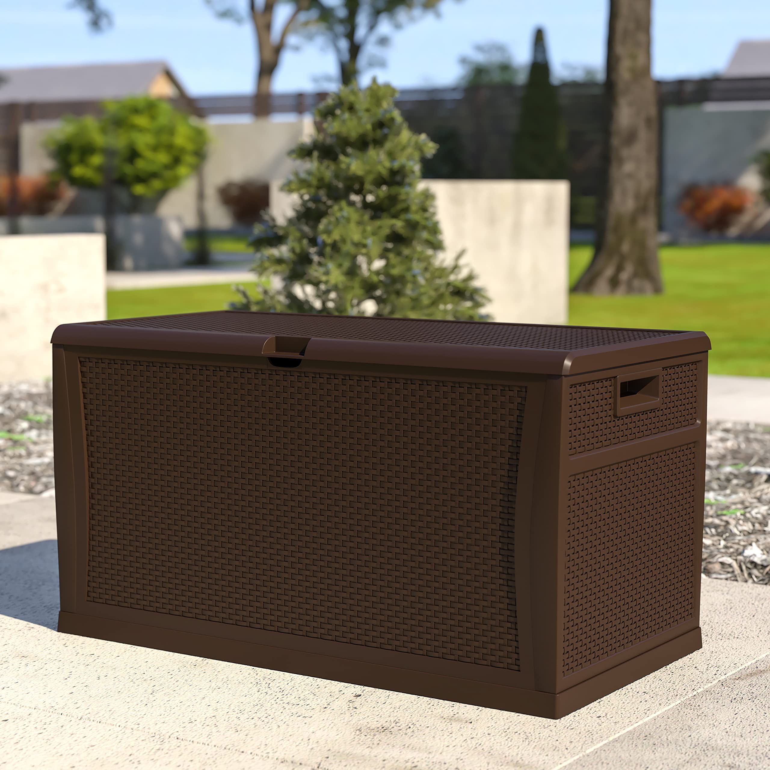 EMMA + OLIVER 120 Gallon Brown Plastic Deck Box - Outdoor Patio Storage Container for Cushions, Pool Toys & Garden Tools | Weatherproof Deck Organization Solution for Backyard, Porch & Poolside