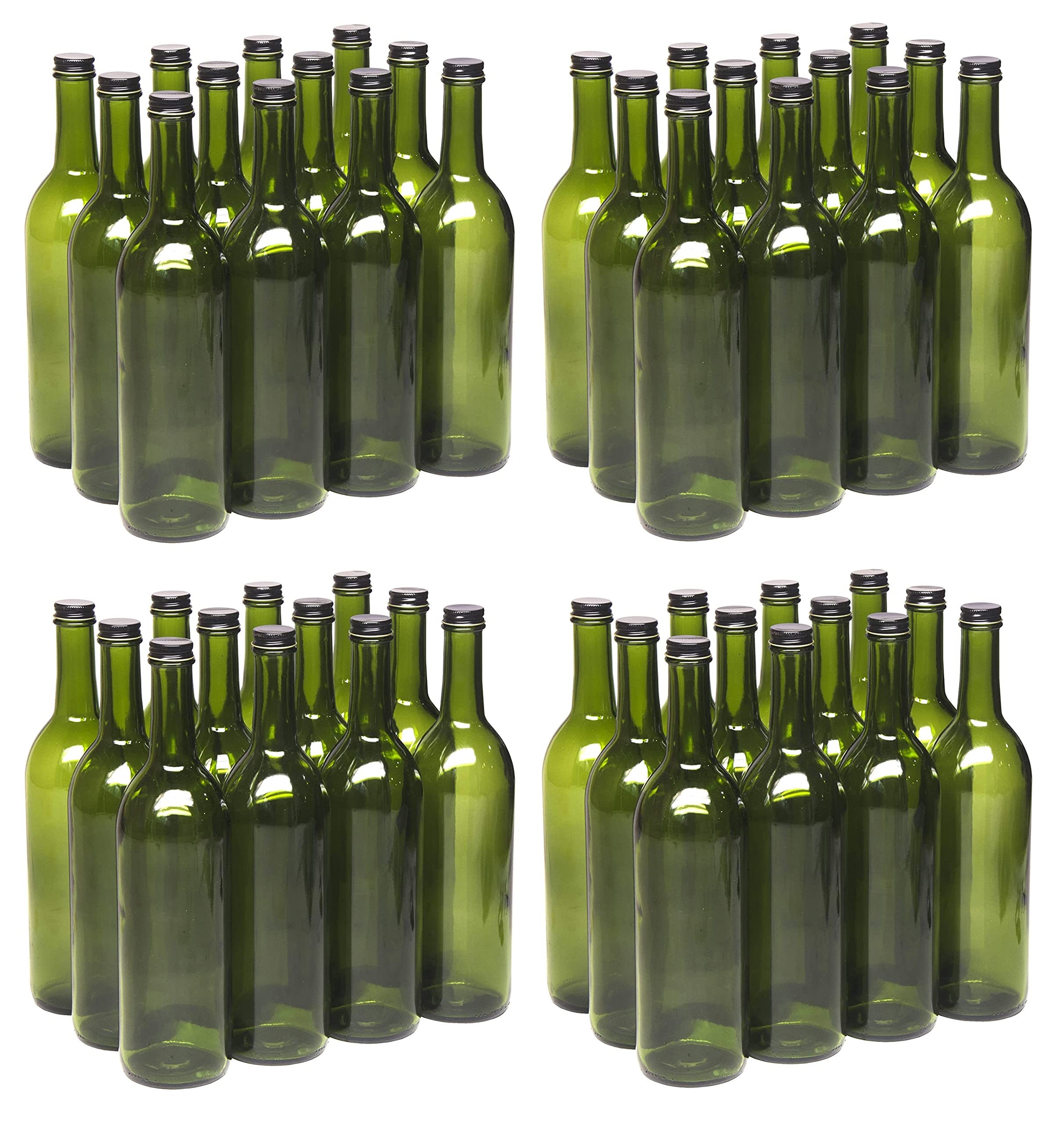 Premium 750ml Champagne Green Glass Bordeaux Wine Bottles with Flat-Bottom & Screw-Top Finish - Includes 28mm Black Metal Lids (48 Bottles & Lids, 4 Cases of 12) - Perfect for Home Brewing, Wine Making, Craft Cocktails & Gift Packaging