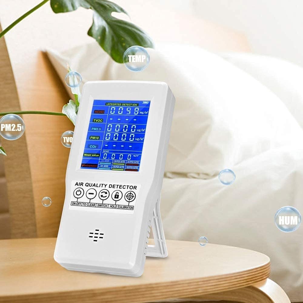 WJJ Air Quality Monitor - Portable CO2 Detector with Formaldehyde (HCHO), TVOC, PM2.5/PM10 Sensor for Home, Office & School - Rechargeable Indoor Air Tester (White) | Monitor Air Pollution in Bedroom, Nursery & Workspace