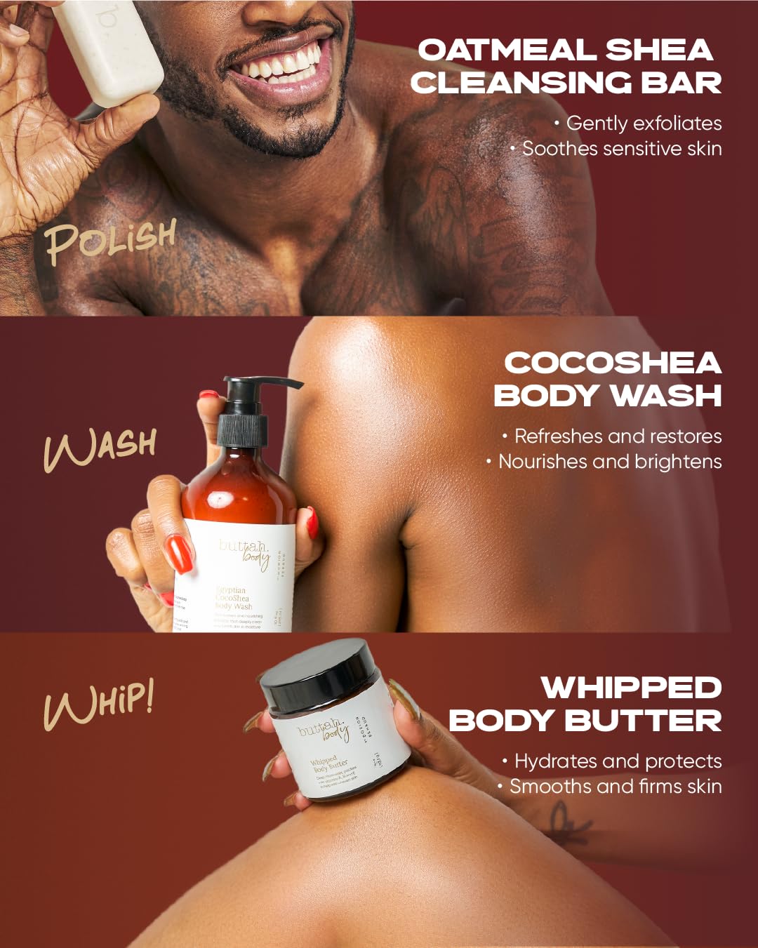 **Buttah Skin by Dorion Renaud - Buttah Body Trio for Melanin-Rich Skin | Egyptian CocoShea Body Wash (10oz) | Oatmeal Shea Bar (100g) | Whipped Body Butter (4oz) | Black-Owned Skincare for Men & Women | Hydrating & Nourishing for Daily Use**