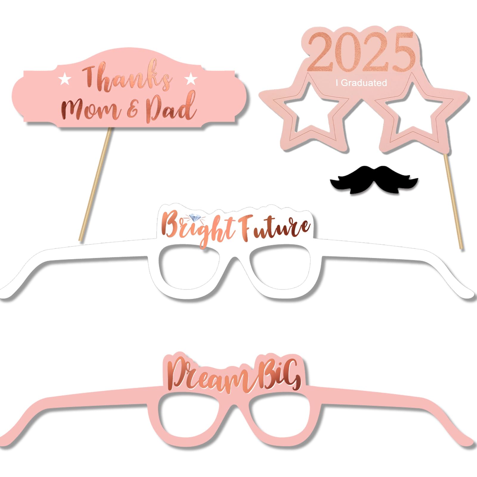Rose Gold Graduation Photo Booth Props Kit - Class of 2025 Party Decorations with 39 Sticks | Perfect for Graduation Parties, Photo Booths & School Celebrations