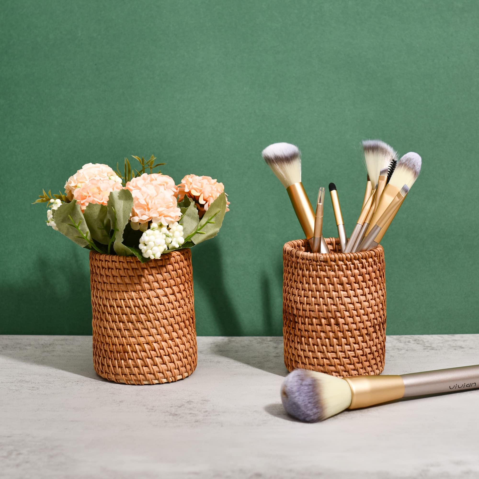 Handmade Rattan Pencil Holder & Makeup Brush Organizer - Natural Wicker Pen Cup for Office Desk, Home Study, and Vanity Storage | Perfect for School Supplies, Cosmetics, and Stationery Organization