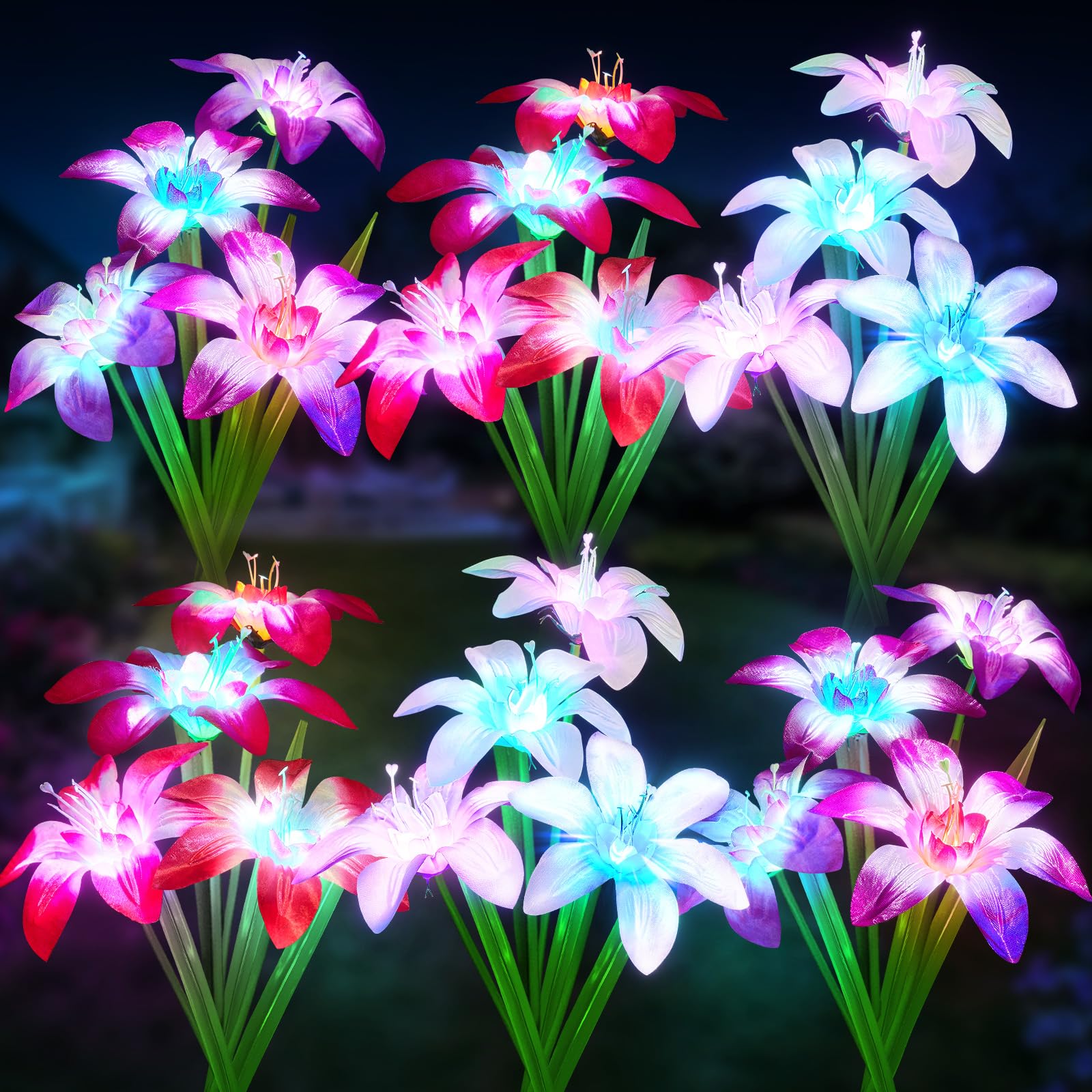 WdtPro 2025 Upgraded 6 Pack Solar Lights Outdoor - 24 Blooming Lily RGB Solar Garden Lights with 7 Color Changing, Waterproof Solar Flower Lights for Yard, Patio, Pathway, Lawn Decor - Perfect for Outdoor Parties, Wedding Decorations & Landscape Lighting