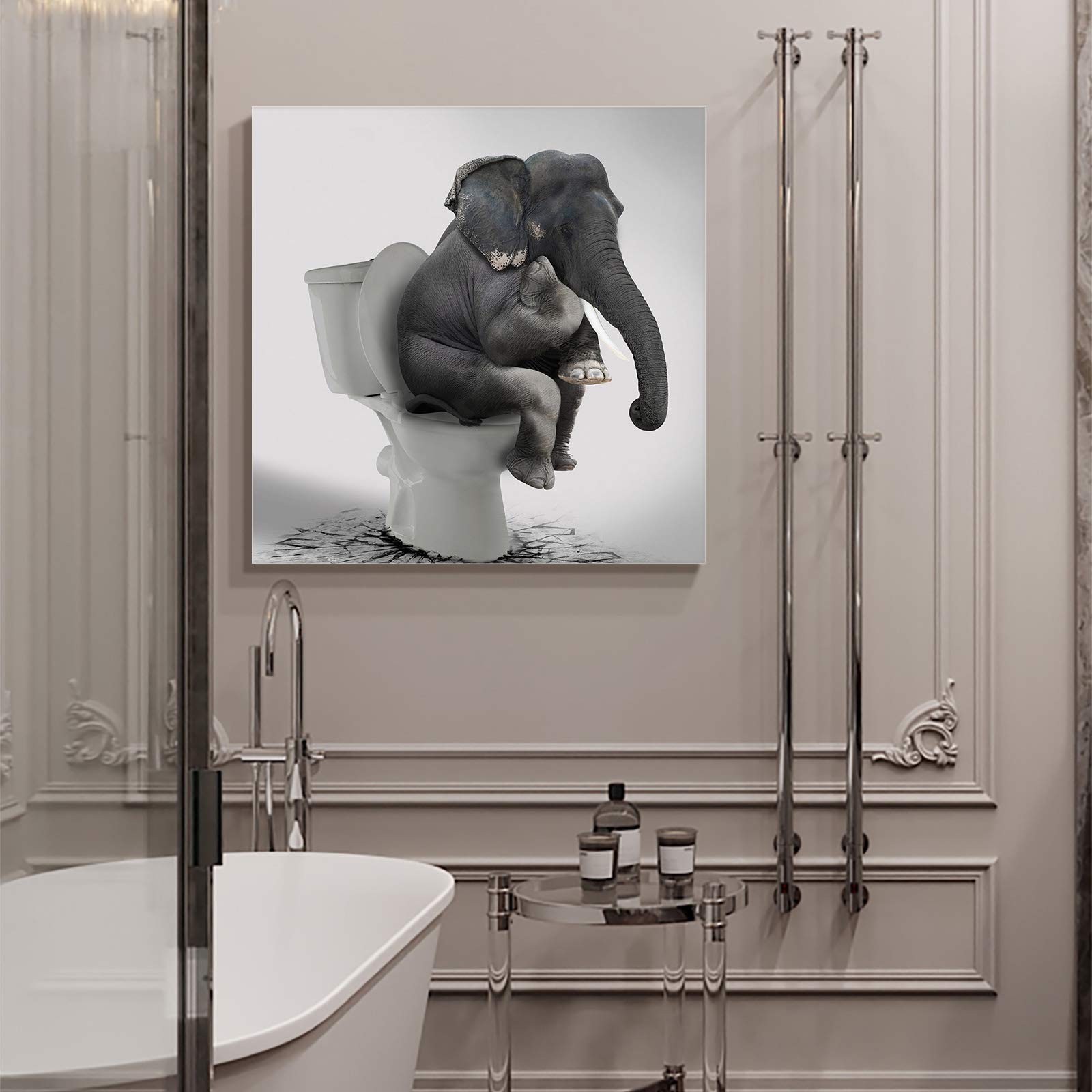 Elephant Sitting on Toilet Canvas Print - 12x12 Inch Framed Wall Art for Bathroom, Living Room, Bedroom & Kitchen Decor - Funny Animal Painting Ready to Hang - Perfect for Home, Office & Gift Giving