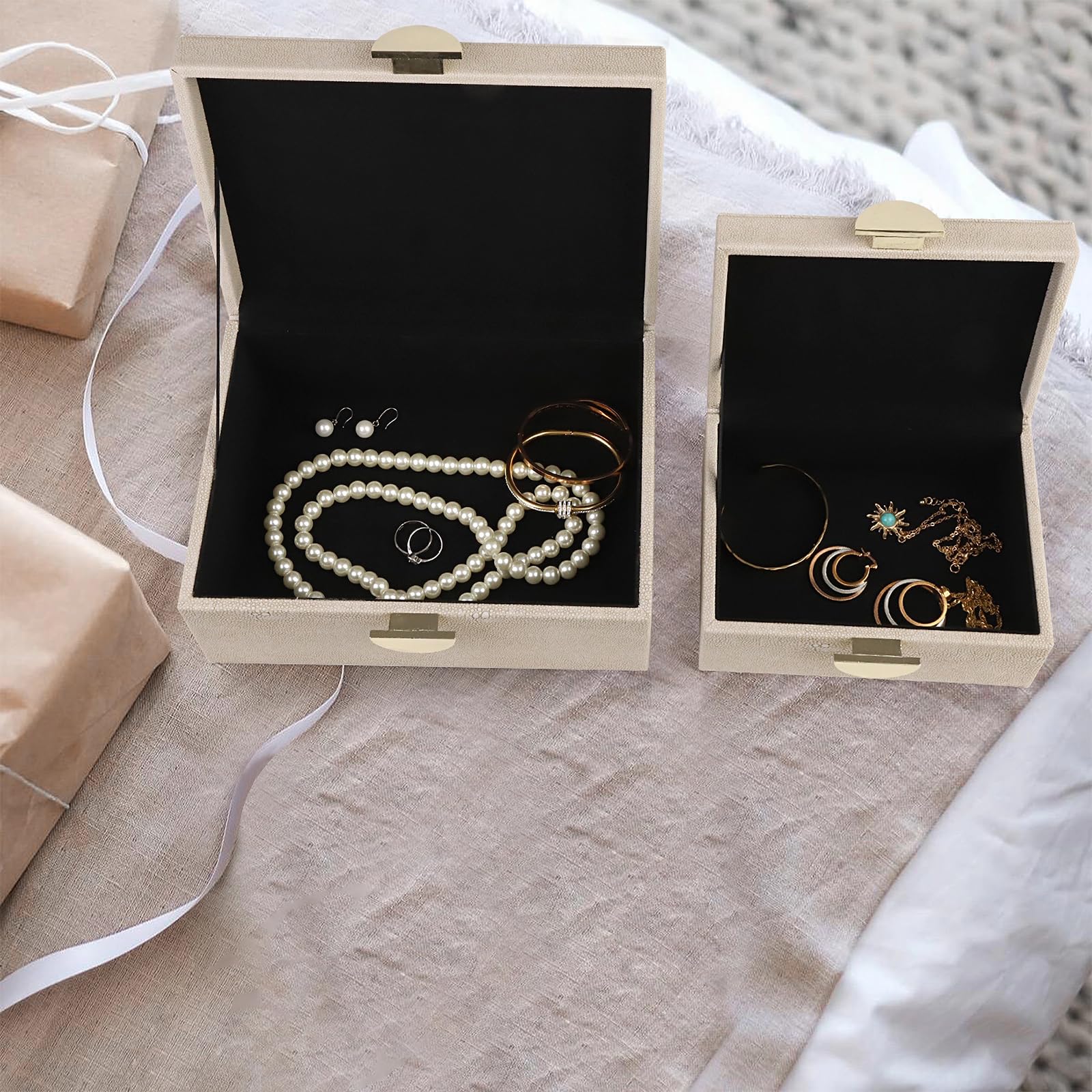 HofferRuffer Faux Leather Jewelry Organizer Box Set of 2 - Light Grey for Jewelry Storage & Home Decor