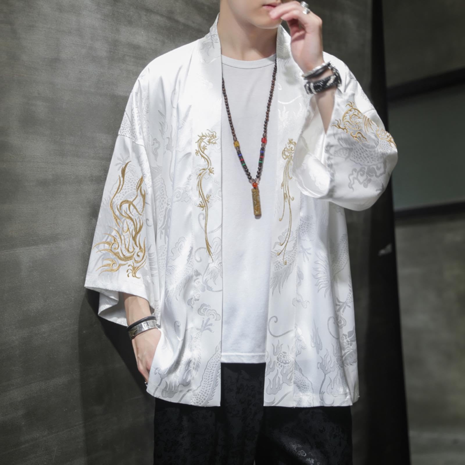 Premium Chinese Hanfu Embroidered Silk Robe - Men's Oversize Kimono Cardigan Jacket - Ancient Japanese Style Coat for Cosplay, Loungewear & Special Occasions