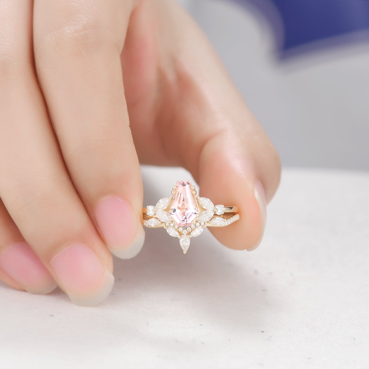 Elegant Coffin-Shaped Morganite Bridal Ring Set with Curved Matching Wedding Band - Perfect for Gothic Weddings, Alternative Engagement, and Unique Bridal Jewelry Gifts
