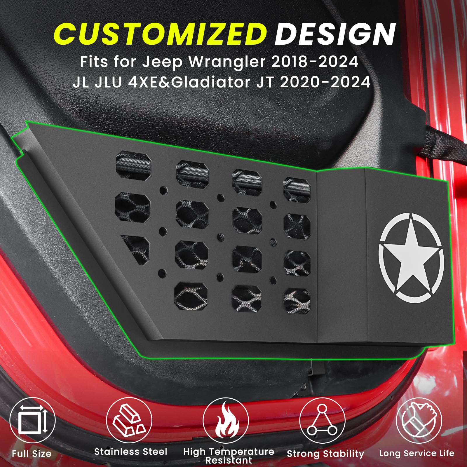 Jeep Wrangler JL JLU 4XE (2018-2025) & Gladiator JT (2020-2025) Metal Rear Door Storage Organizer - 2PCS Interior Door Pocket Inserts for Enhanced Storage | Perfect for Off-Road Adventures, Camping Gear & Daily Commute