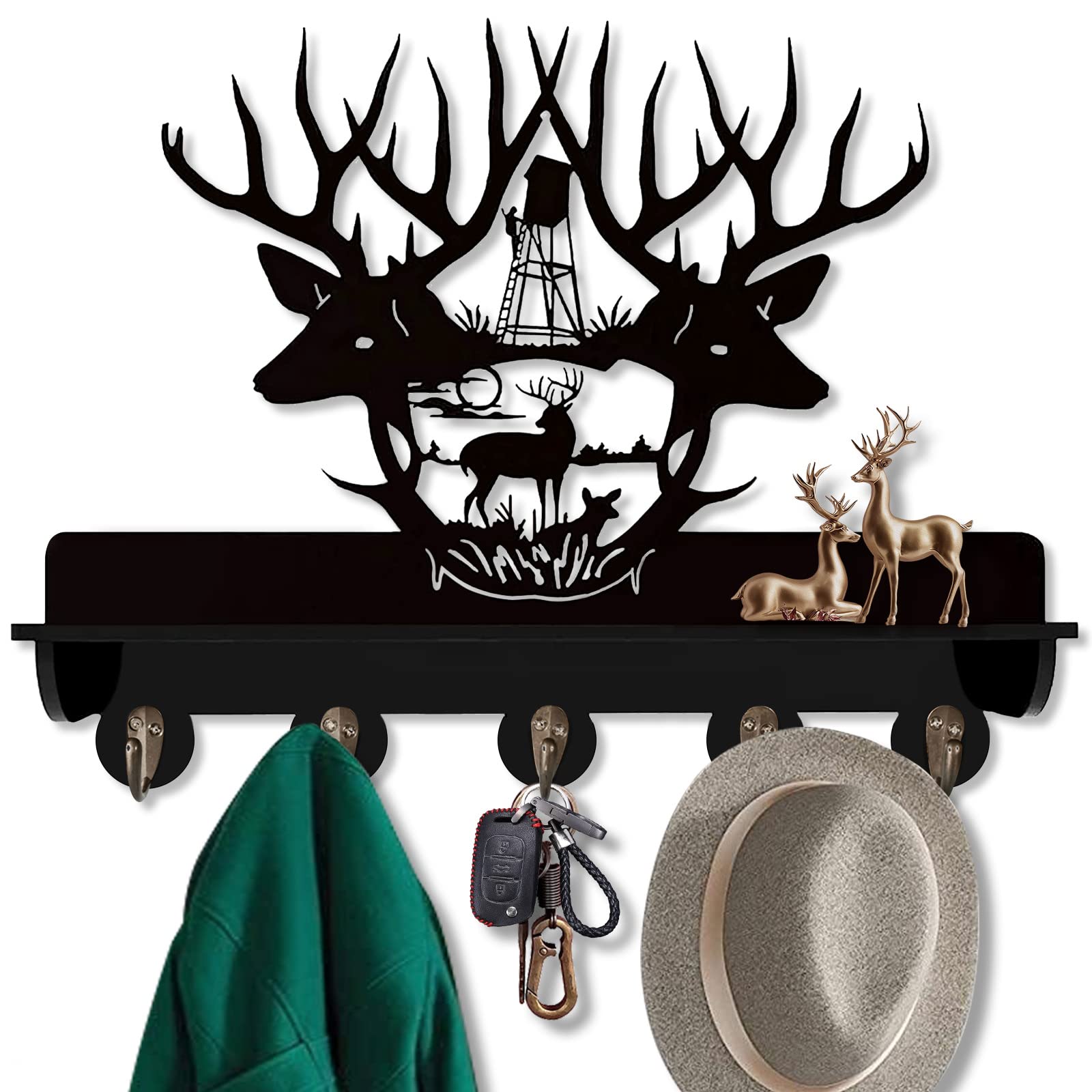 KingLive Antler Coat Rack with 5 Hooks - Deer Wall Mounted Hat & Key Holder - Rustic Wooden Entryway Organizer for Home Decor - Perfect for Living Room, Kitchen & Valentine's Day Gifts - Ideal for Hanging Coats, Hats, Keys & Accessories