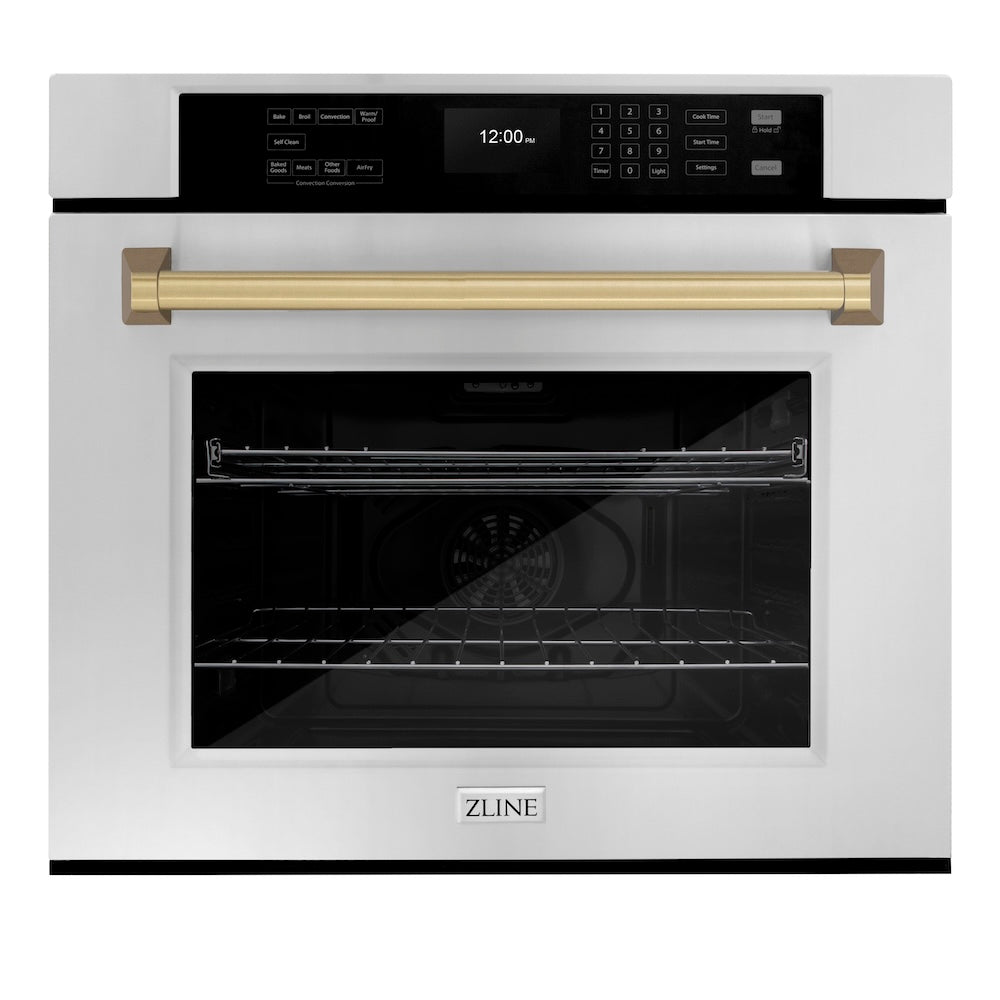 ZLINE Autograph Edition 30 Inch Stainless Steel Professional True Convection Wall Oven with Air Fry & Self-Clean - Champagne Bronze Handle (WASZ 30 CB) | Perfect for Home Chefs & Modern Kitchens