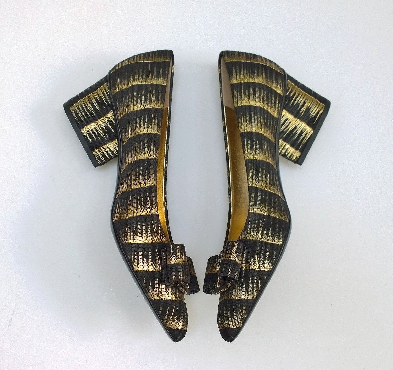 Ferragamo Viva Printed Suede 55mm Heels with Bow - Black & Gold Women's Luxury Pumps | Perfect for Weddings, Parties & Formal Events
