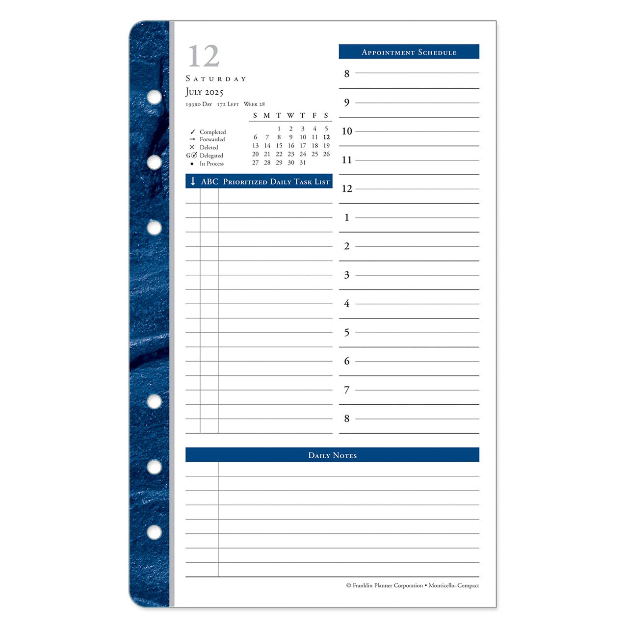 FranklinCovey Monticello One Page Per Day Ring-Bound Planner - Compact Size, July 2025 to June 2026 | Daily Organizer for Work, School & Personal Productivity | Perfect for Professionals & Students