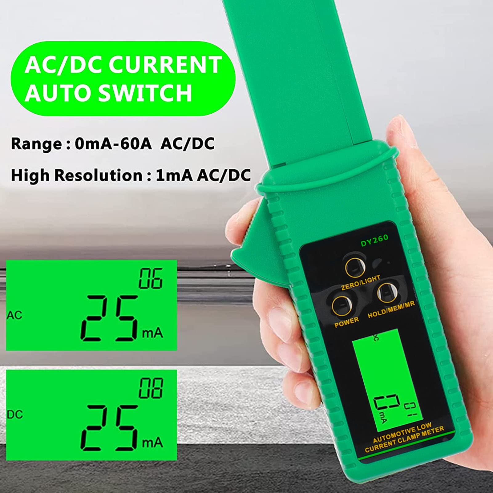 Portable AC/DC Current Clamp Meter 0mA-60A - Automotive Leakage Tester with Anti-Interference for Car Electrical Diagnostics | Perfect for Mechanics & DIY Auto Repairs