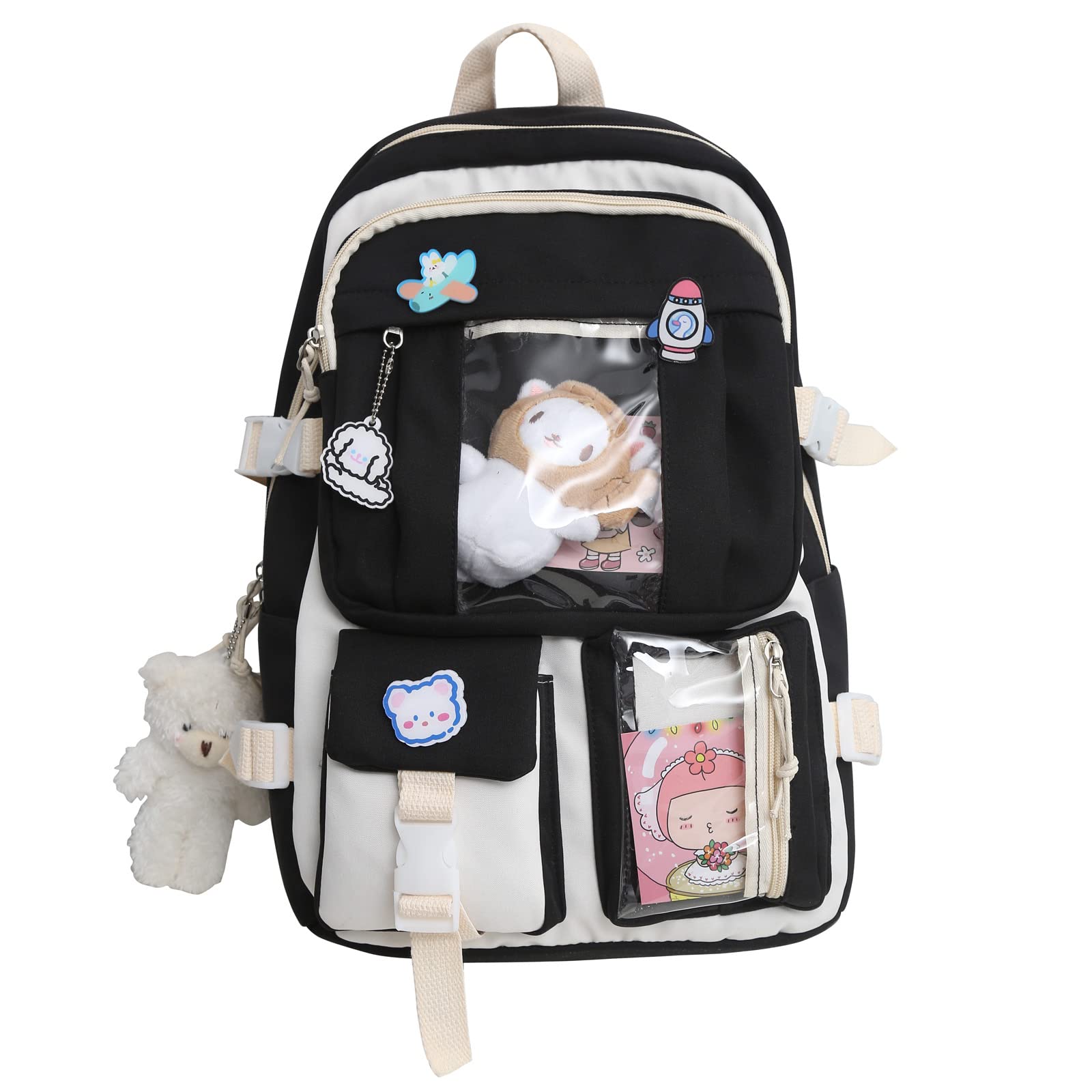 Stylish Preppy Kawaii Backpack for Girls - Cute Aesthetic School Bag with Pins & Accessories (Black) | Perfect for School, College, Travel & Everyday Use