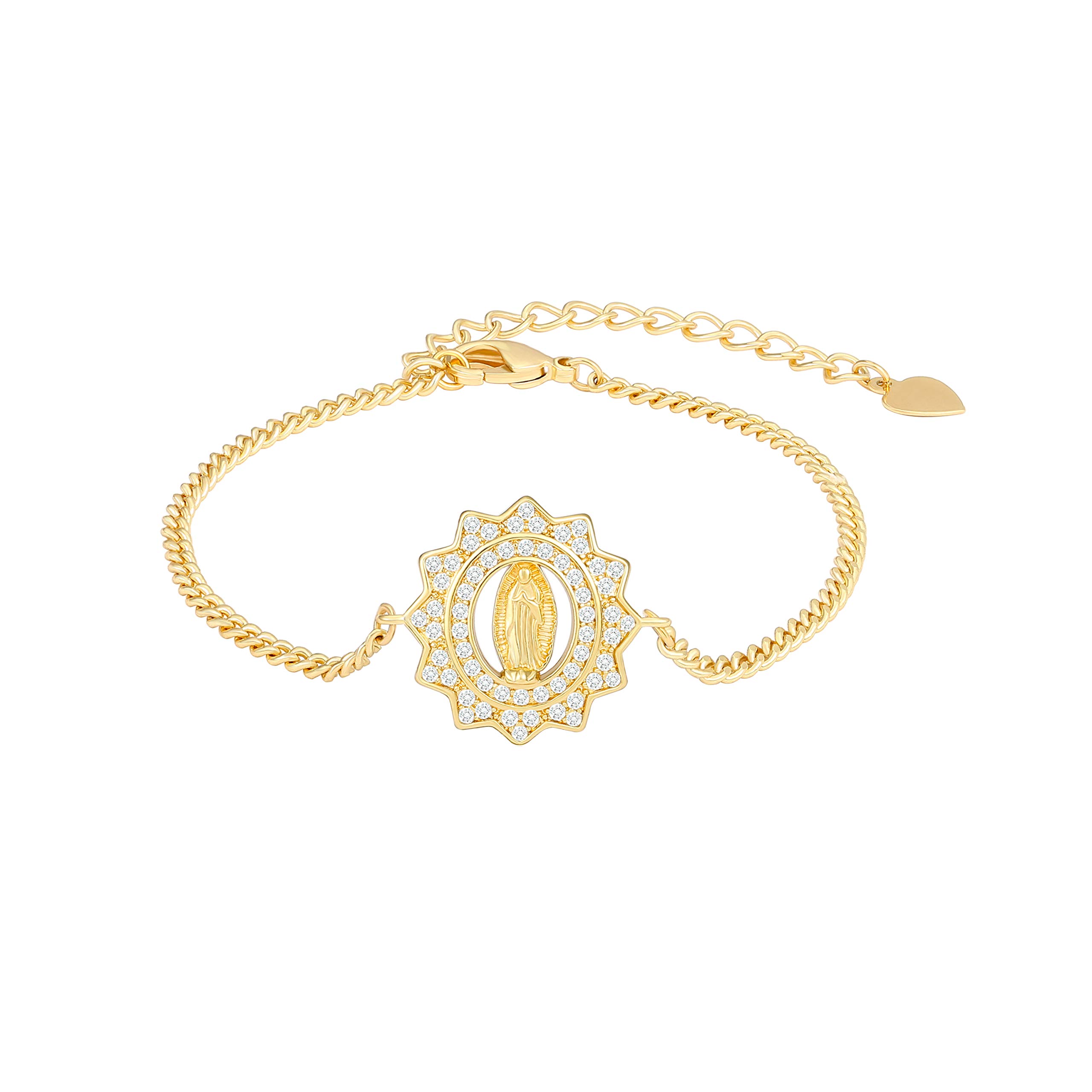 18K Gold Plated Hamsa Hand & Virgin Mary Cuban Chain Bracelet for Women | Adjustable Cubic Zirconia Jewelry | Spiritual Protection & Fashion Accessory for Daily Wear, Gifts, Prayer