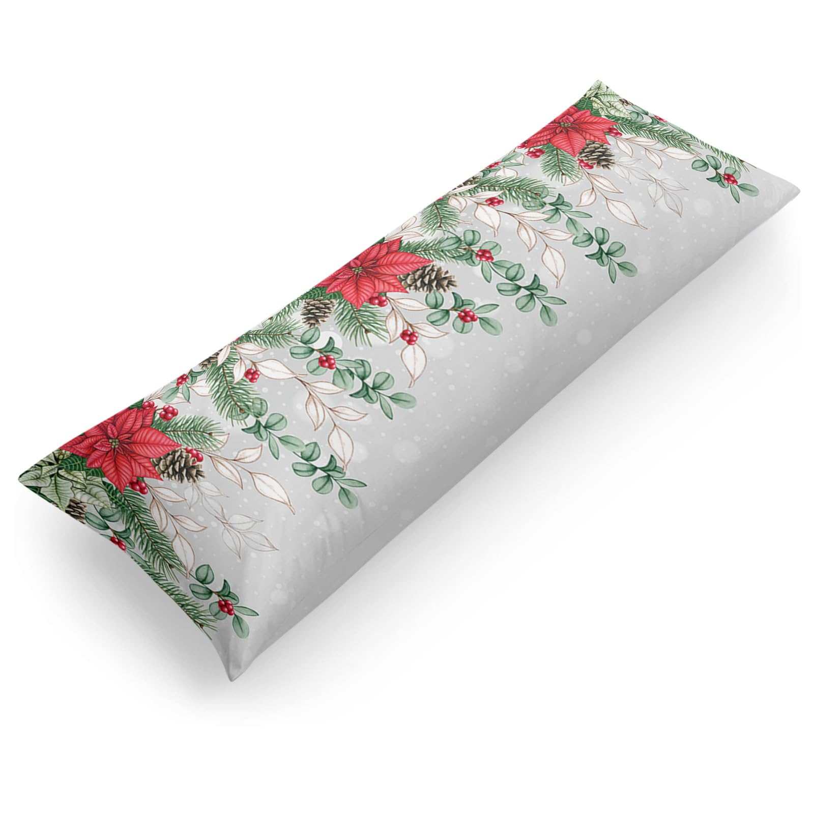 Premium 20x54 Inch Red Poinsettia & Eucalyptus Christmas Body Pillow Cover with Zipper - Ultra Soft Luxury Pillowcase for Home Decor, Bedroom, Sofa & Holiday Gift (Super Cozy & Washable)