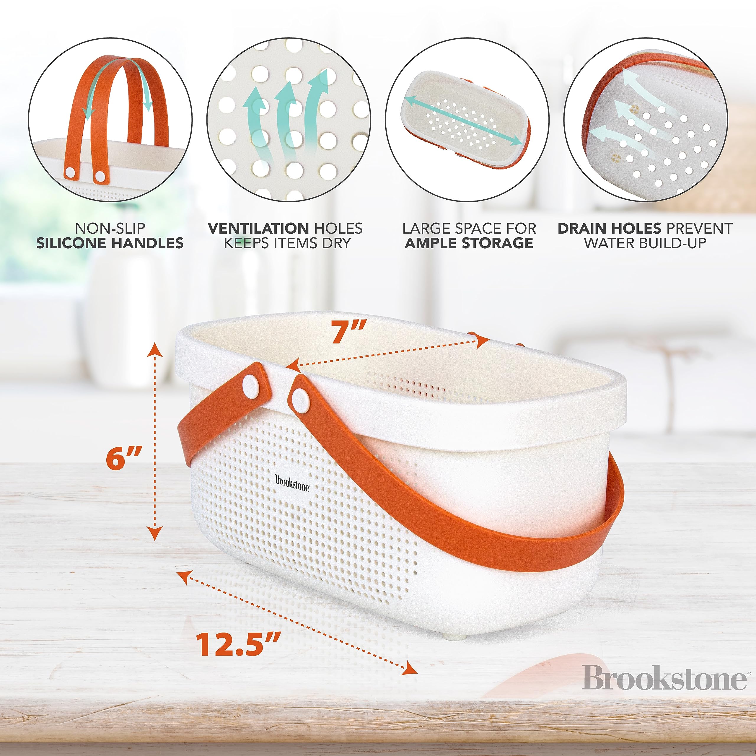 Brookstone BKH1635 Large Portable Shower Caddy - BPA Free Plastic Bath Tote with Soft Silicone Handle, Quick-Dry Drainage Holes - Perfect for Bathroom Organization, College Dorms, Camping & Travel Accessories (White)