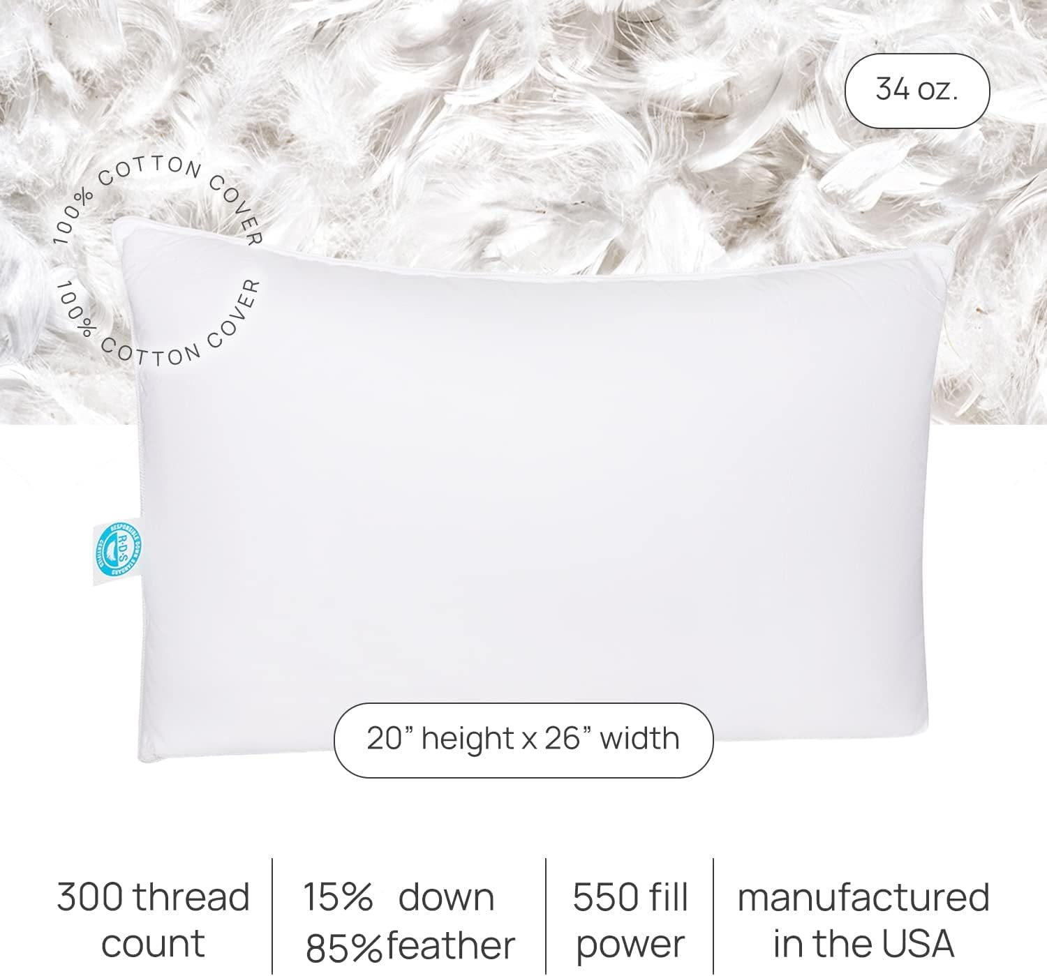 Premium Goose Feather and Down Pillows - RDS Certified, 100% Cotton Cover, Medium Support for Comfortable Sleep | Hotel Collection Bedding by East Coast Bedding | Perfect for Home, Guest Rooms & Luxury Hotels