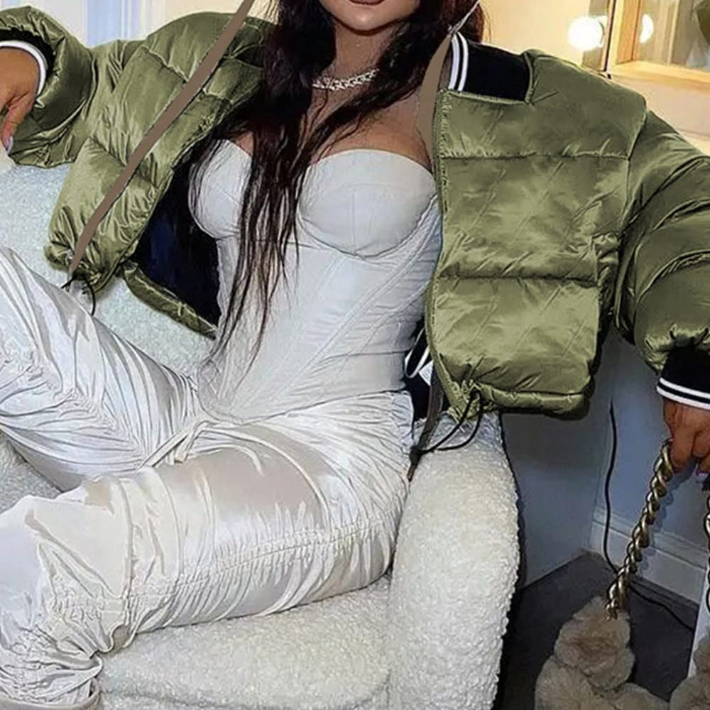 Women's Green Puffer Crop Jacket - Short Bubble Coat for Winter Fashion - Warm Stylish Outerwear for Casual Outings & Streetwear (Color: S)