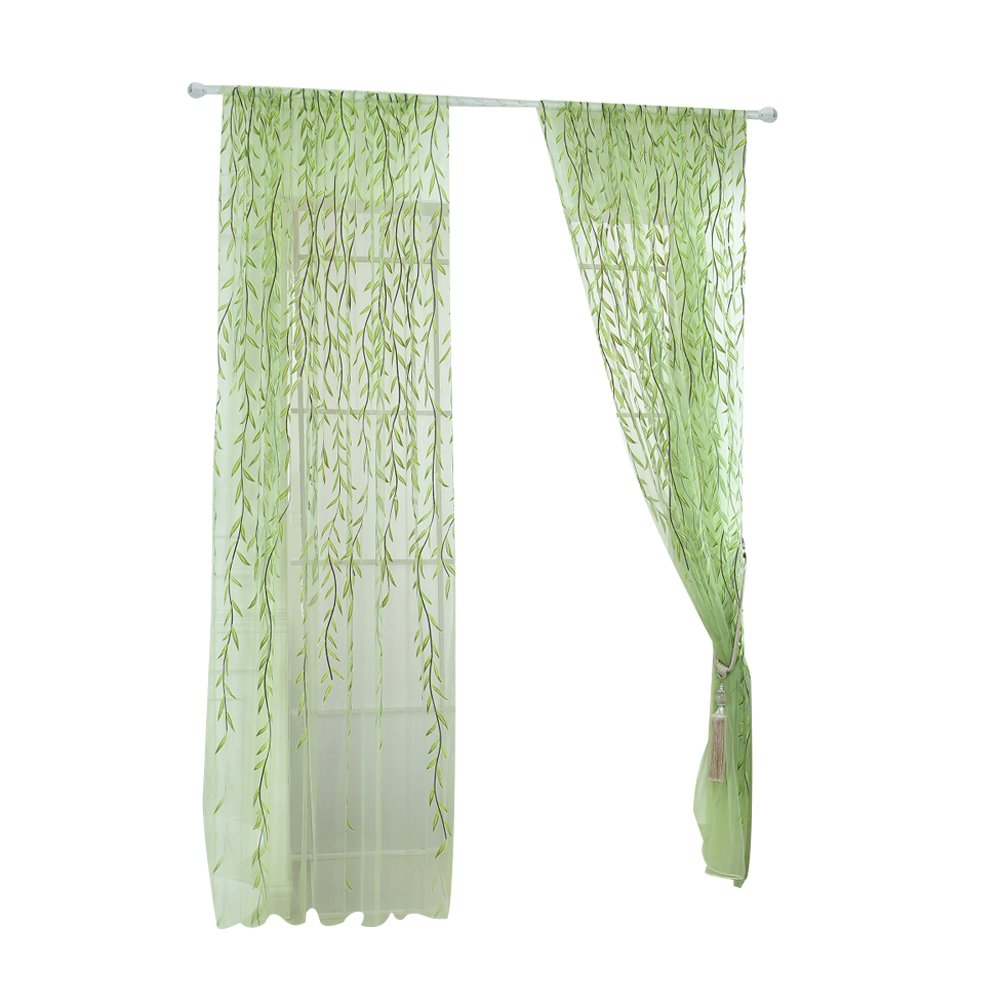 BESPORTBLE Aesthetic Sheer Curtains - Green Willow Leaf Ivy Design, Transparent Window Panels, Waterproof & Breathable Mesh for Living Room, Bedroom, or Office Decor