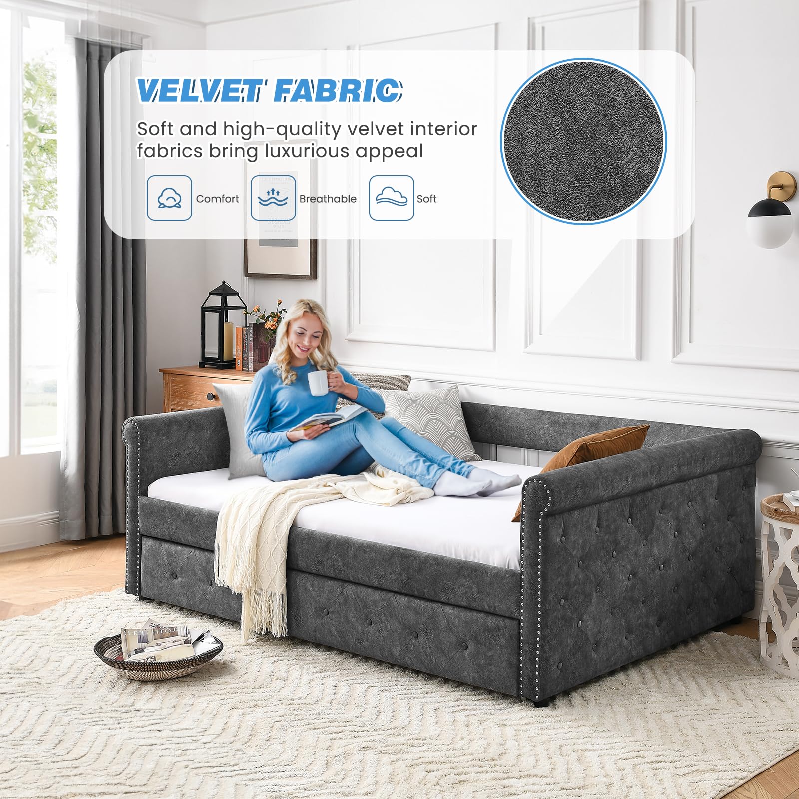 Full Size Daybed with Trundle - Fabric Upholstered Button-Tufted Sofa Bed Frame with Twin Roll-Out, No Box Spring Needed - Grey Modern Furniture for Bedroom, Living Room & Guest Room - Perfect for Small Spaces, Sleepovers & Multi-Purpose Use