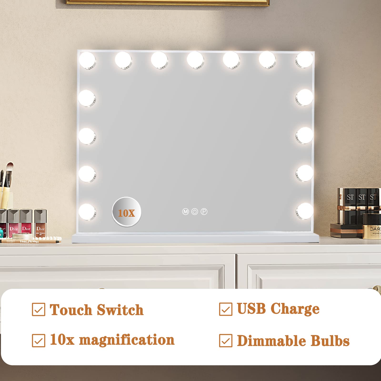 15LED Vanity Mirror with Lights - 3 Lighting Modes, 10X Magnification & USB Charger - 22