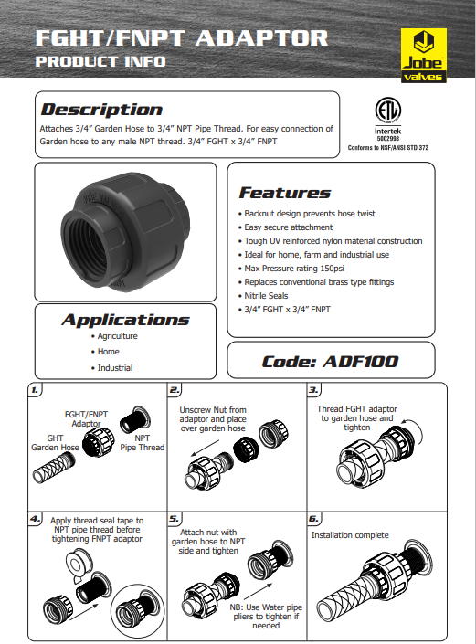 Jobe Hose Adapter 3/4 GHT x 3/4 NPT - Brass Garden Hose Fitting Connector for Jobe & Apex Water Valves - Perfect for Irrigation Systems, Sprinklers, and Outdoor Faucets