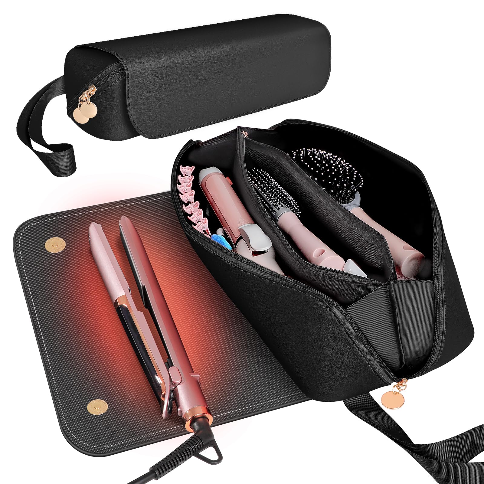 SS Hair Tools Travel Bag & Heat Resistant Mat for Hot Styling Tools - Leather Curling Iron Organizer Case for Women's Hair Accessories | Portable Travel Essentials for Blow Dryers, Straighteners & Curling Wands | Perfect for Salon Professionals & On-the-Go Styling