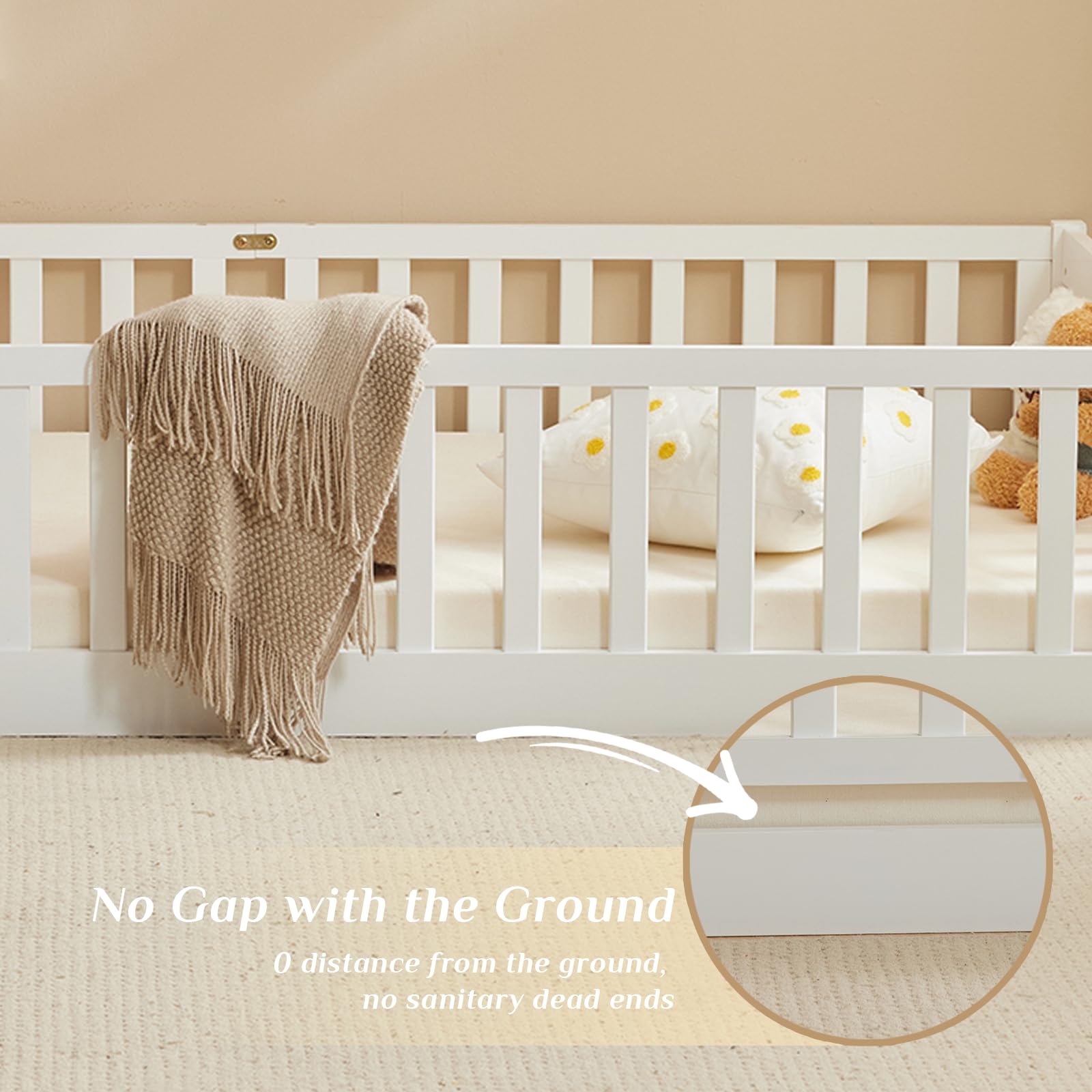 Montessori Toddler Floor Bed with Safety Guardrails - Solid Wood Twin Bed Frame for Kids, Girls & Boys - White Karl Home Bed with 12 Slats, Door & Fence | Perfect for Montessori Rooms, Daycare Centers & Safe Toddler Sleeping Spaces