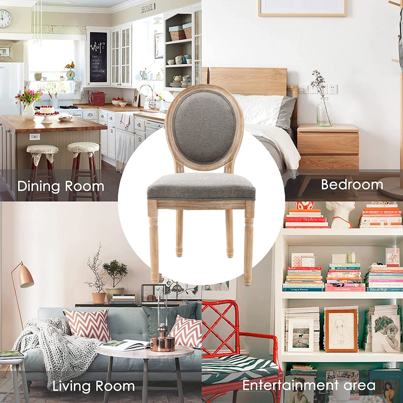 Vintage French Farmhouse Dining Chairs Set of 2 - Upholstered Linen Kitchen Chairs with Round Back & Solid Wood Frame - Gray Distressed Side Chairs for Dining Room, Kitchen, Living Room & Breakfast Nook