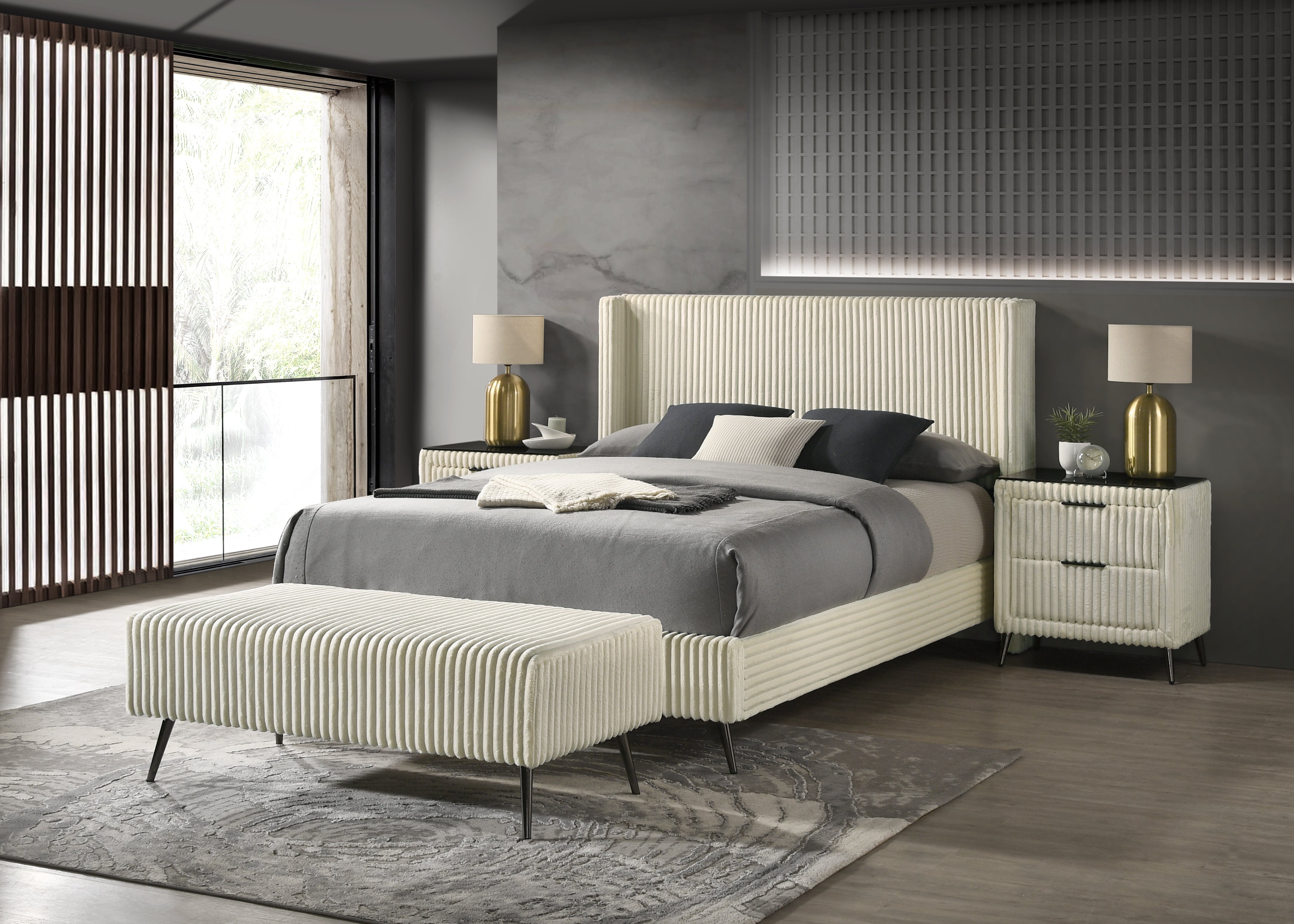 Roundhill Furniture Mavela Wide Wale Corduroy Upholstered Panel Bed - Queen Size Cream Upholstery Bed Frame for Bedroom, Living Room & Guest Room
