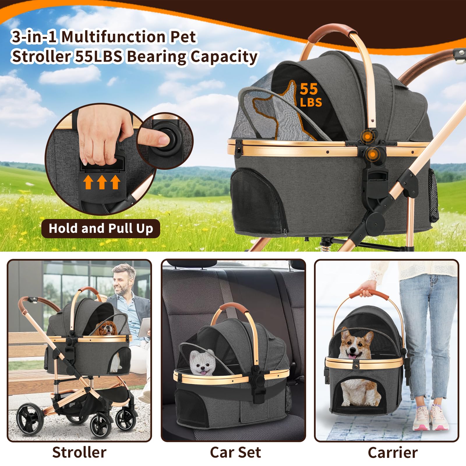 Premium 3-in-1 Folding Lightweight Pet Stroller with Detachable Carrier & Storage Basket - 4-Wheel Travel Stroller for Dogs, Cats, Puppies & Kittens (Gray) | Perfect for Outdoor Walks, Vet Visits & Shopping Trips