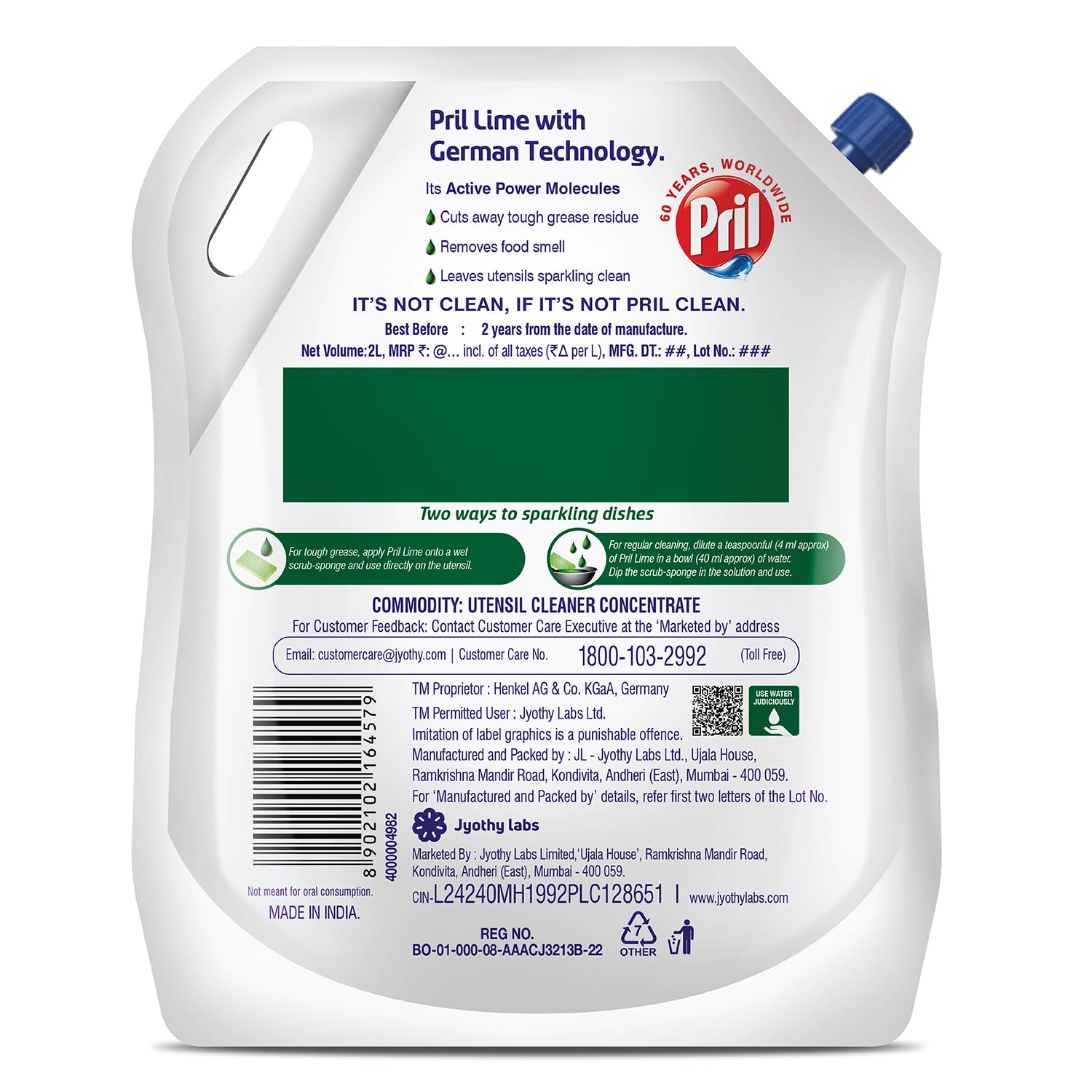 Pril Lime Liquid Dishwashing Gel - 2 Liter Pouch | Powerful Grease Cutting Dish Soap with German Technology | No Residue Formula for Pots, Pans & All Kitchen Utensils | Perfect for Daily Dishwashing & Tough Grease Removal